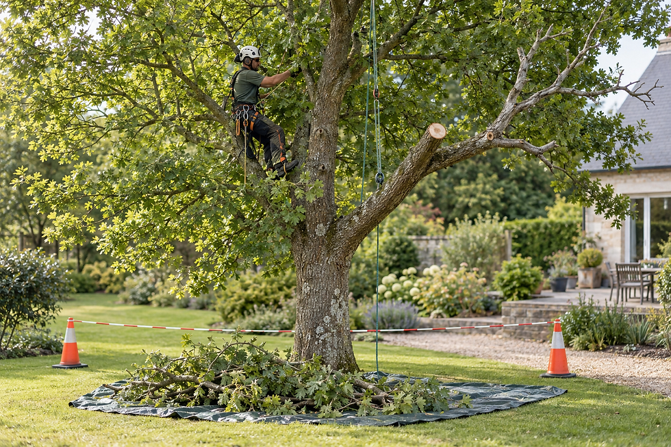 Arborist wearing safety gear trims branches from a large tree in a garden, with cones and taped-off area below.