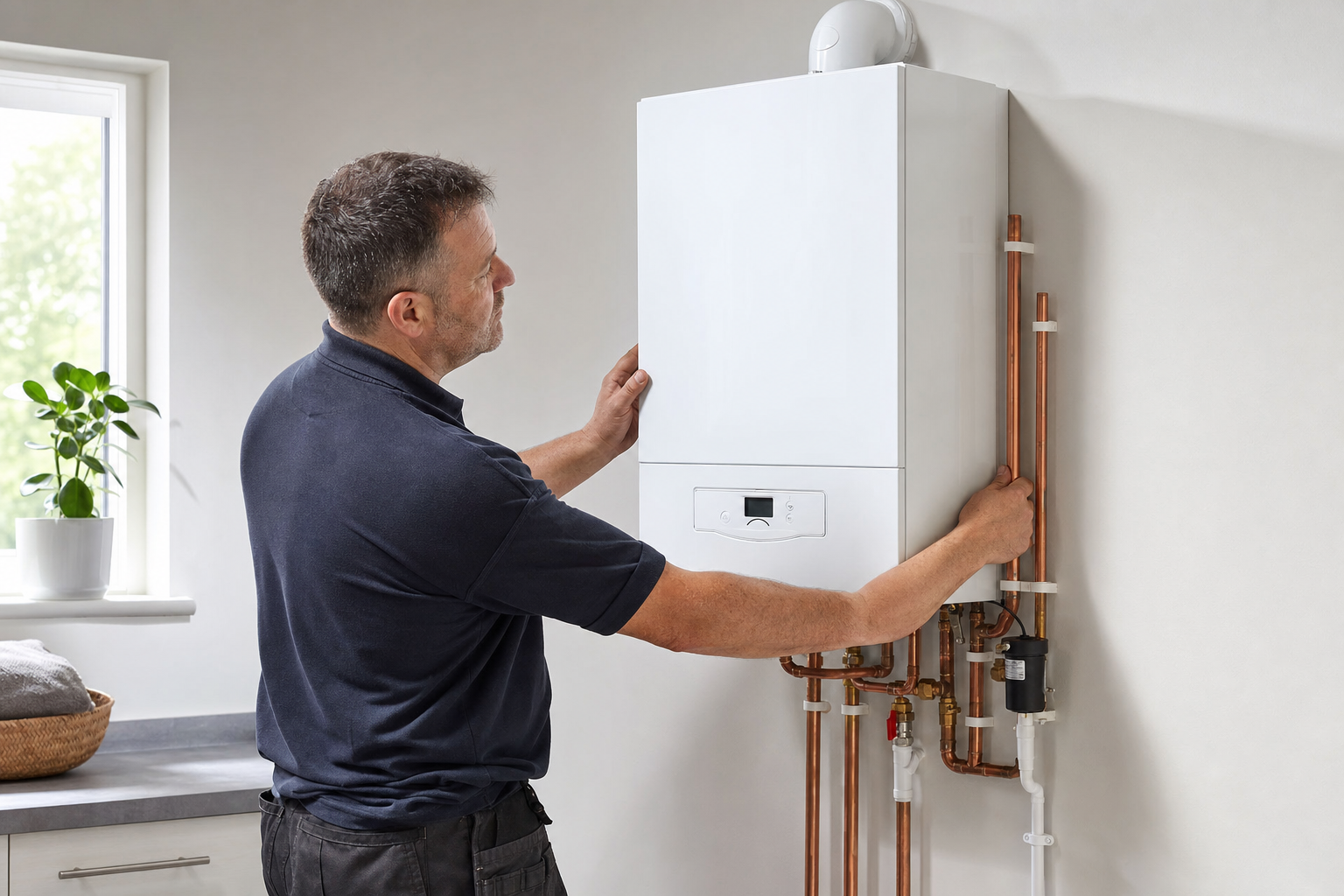 A man in a black polo shirt adjusts a modern white boiler mounted on a wall, with copper pipes and a plant nearby.