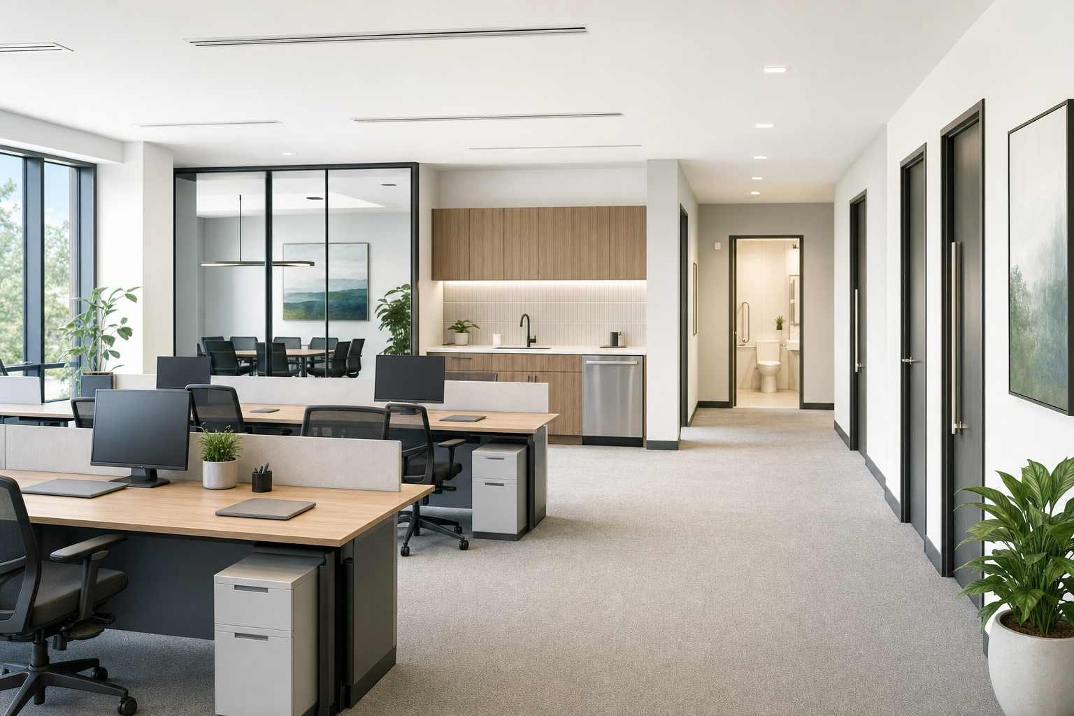 Modern office space with workstations, a conference room, kitchenette, and restroom, featuring large windows and indoor plants.
