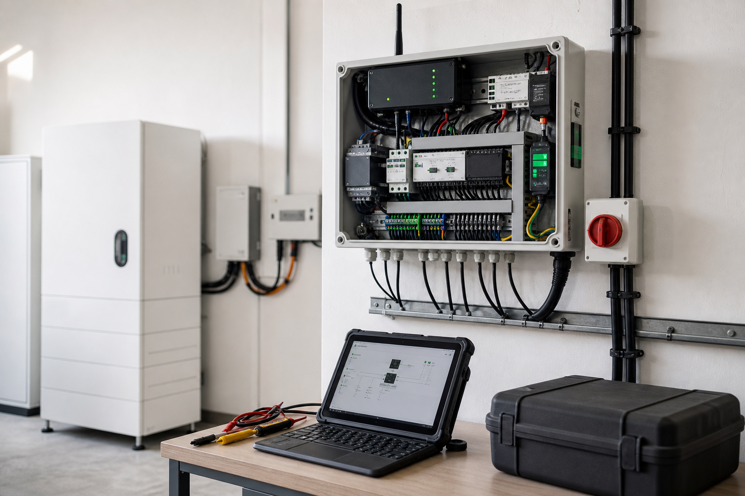 Electrical control panel with open laptop displaying circuit schematics.