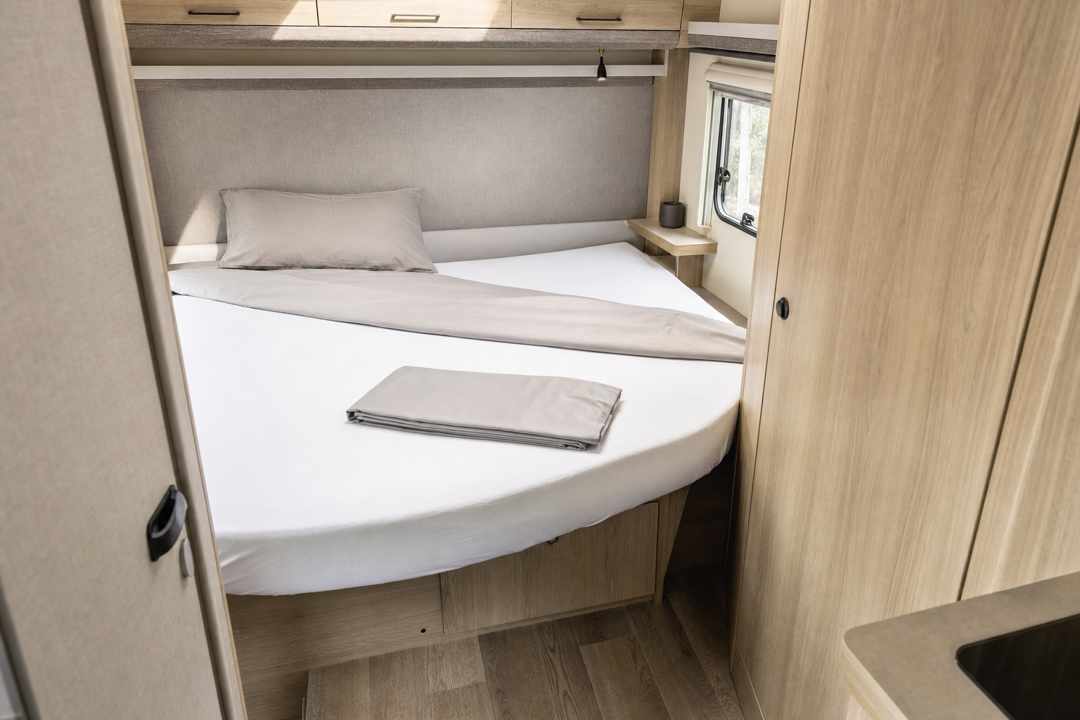 A compact bedroom in a caravan with a neatly made triangular bed and wooden furnishings.