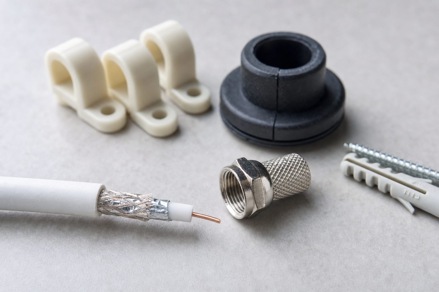 Coaxial cable with a connector and related installation accessories on a light grey background.