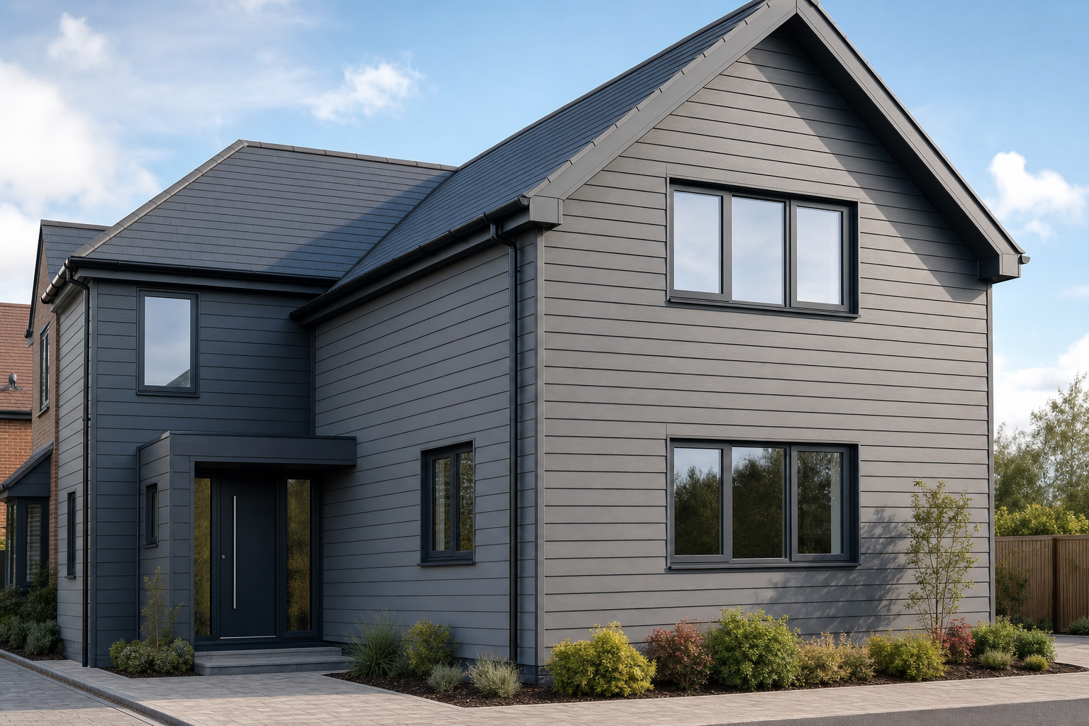 Modern grey detached house with large windows, a sloped roof, and a small landscaped front garden under a clear blue sky.