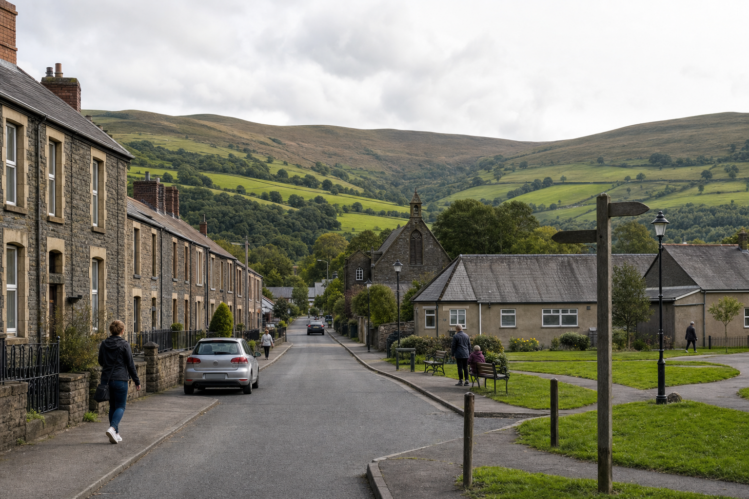 A quiet street in a rural village with stone houses and distant green hills under a cloudy sky.