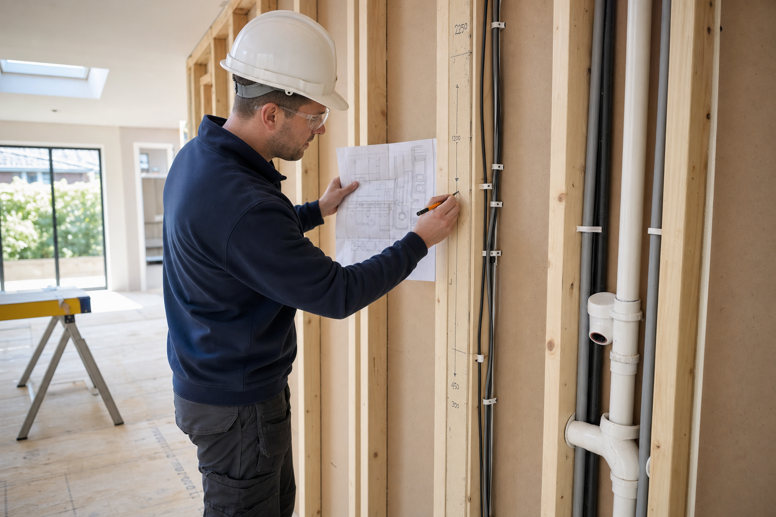 A construction worker in a hard hat marks measurements on a framed wall, holding a blueprint.