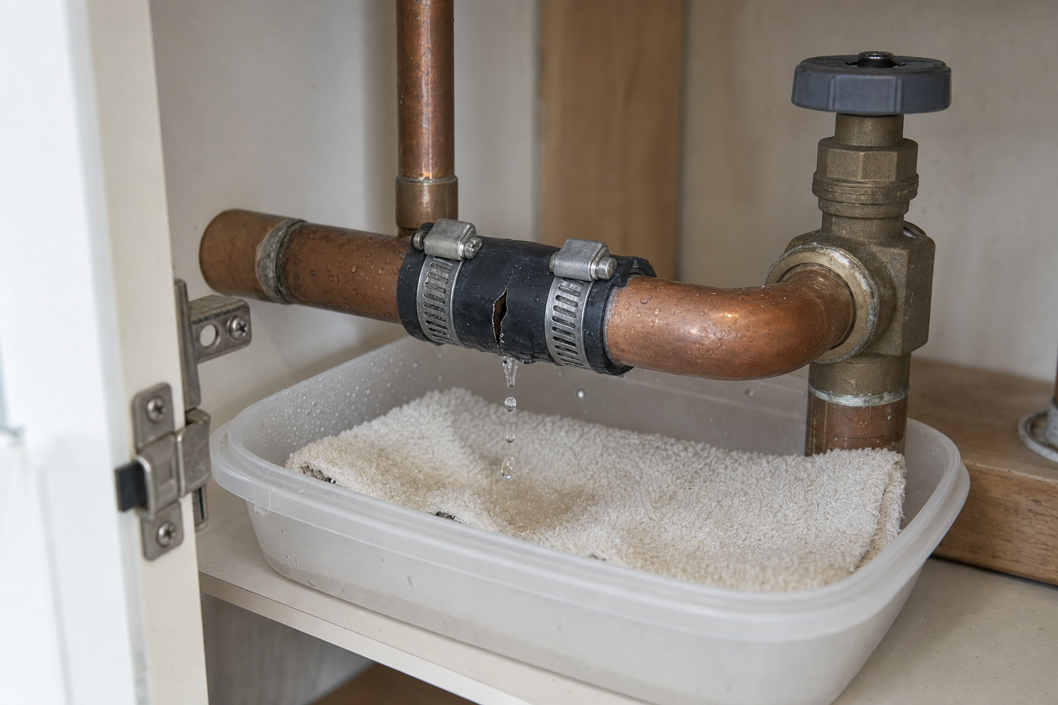 Leaky pipe under a sink with water dripping into a plastic tub.