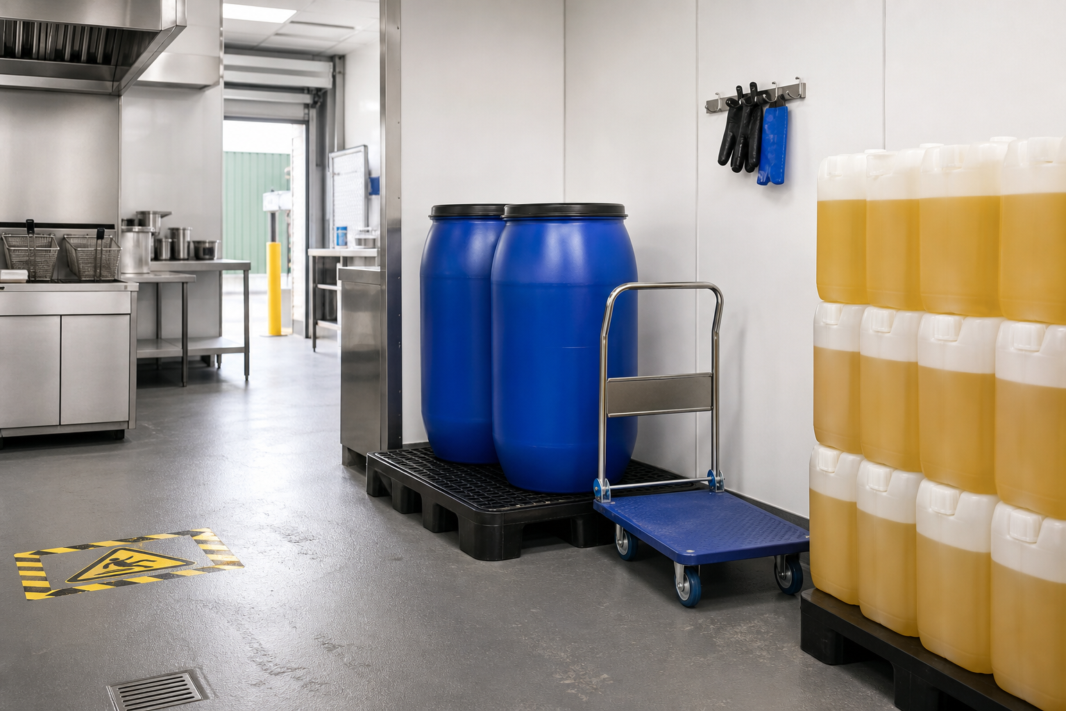 Commercial kitchen with blue barrels, a cart, stacked yellow containers, and gloves hanging on the wall.
