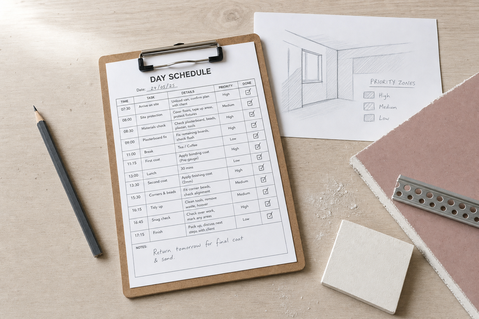 A detailed day schedule checklist on a clipboard next to a pencil and architectural sketch.