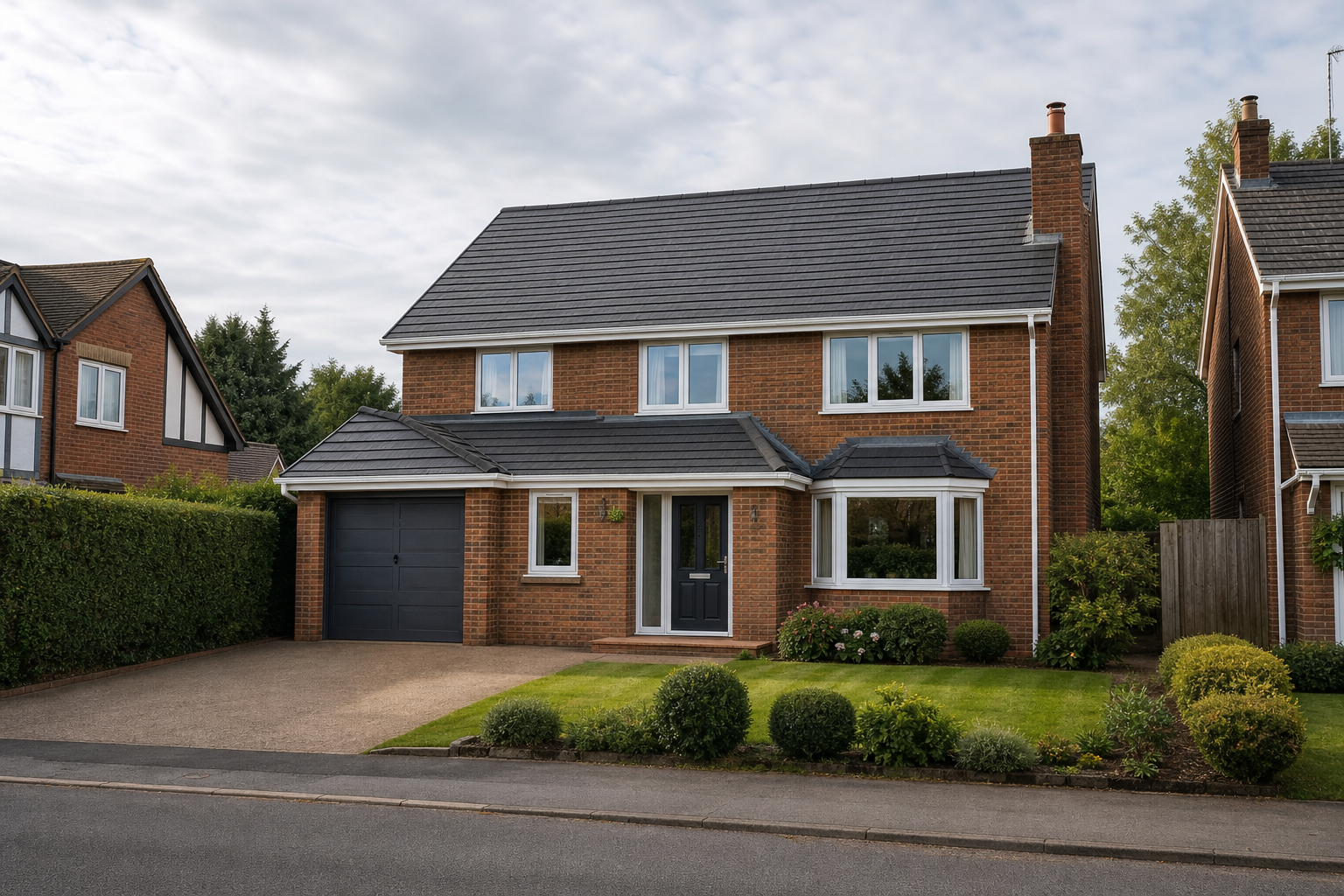 A detached brick house with a garage, well-maintained garden, and hedges on a residential street under a cloudy sky.