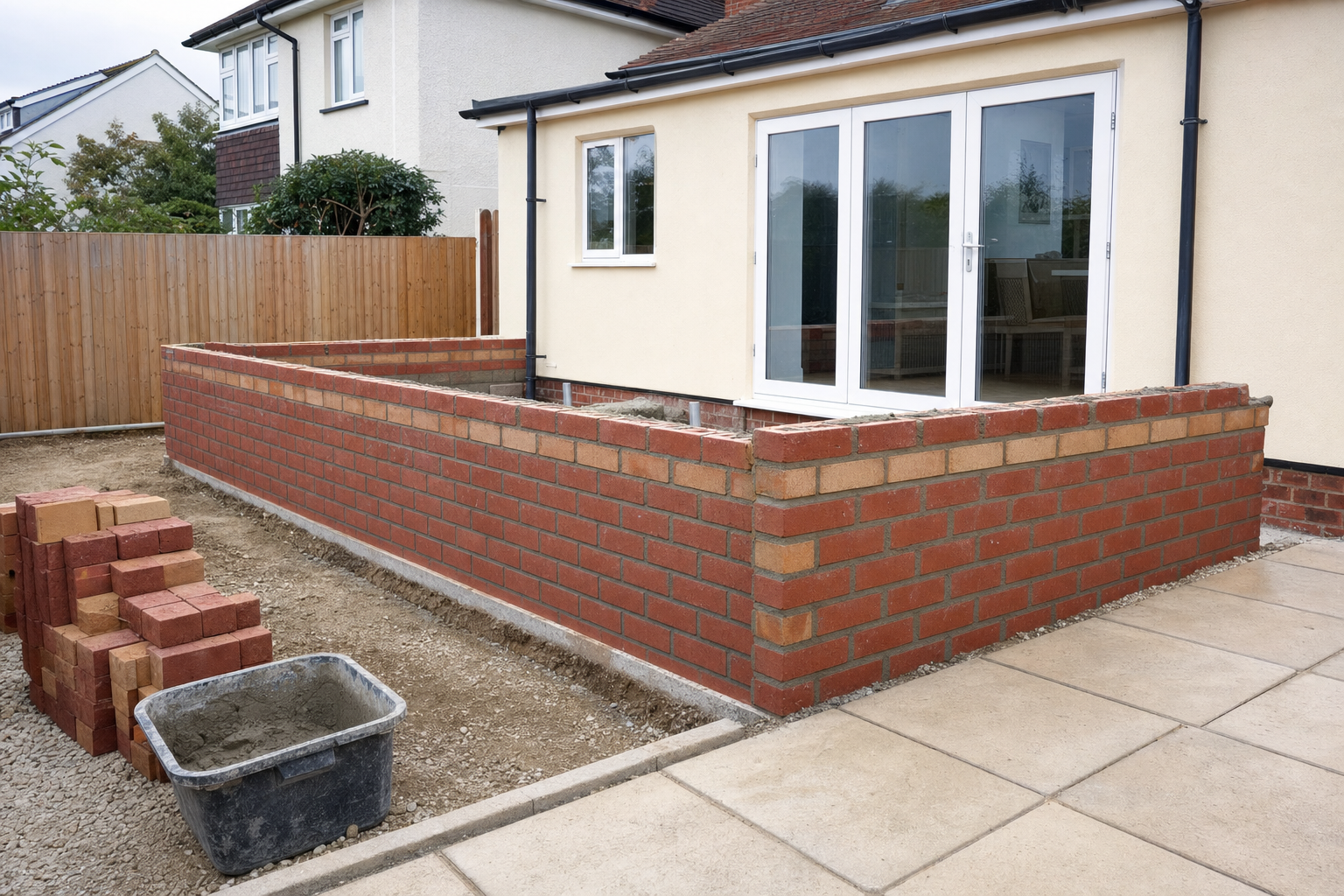 Partially constructed brick wall adjacent to a house extension with paving and a bucket of mortar nearby.
