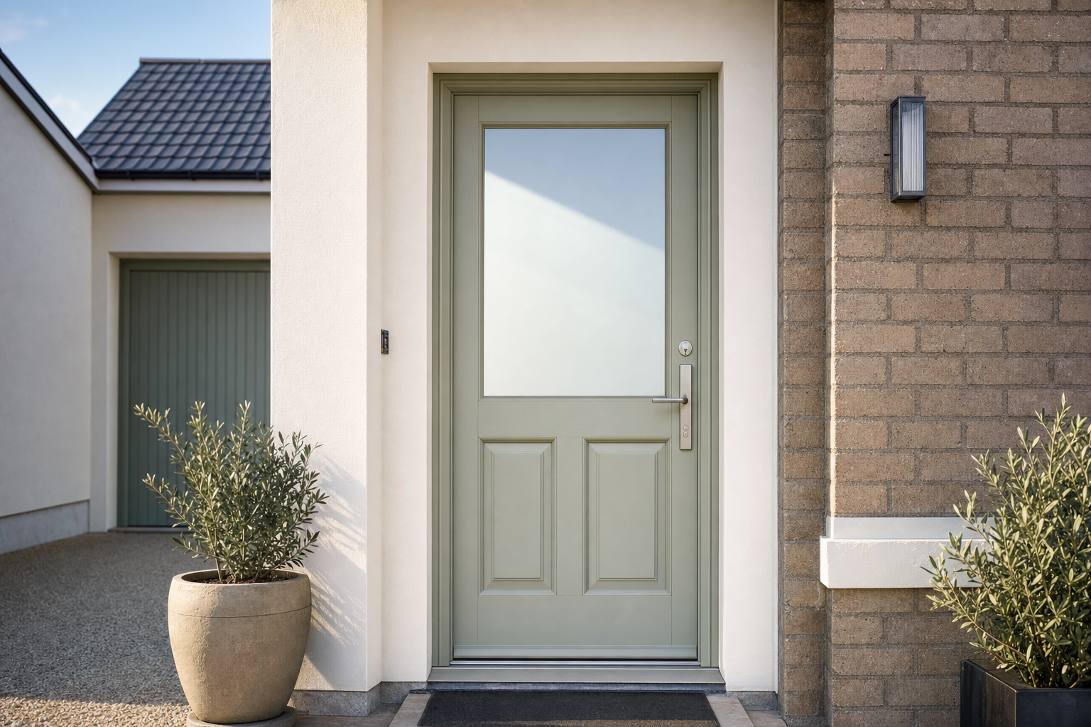Pale green front door with a window pane, flanked by two potted plants against a brick and plaster wall.