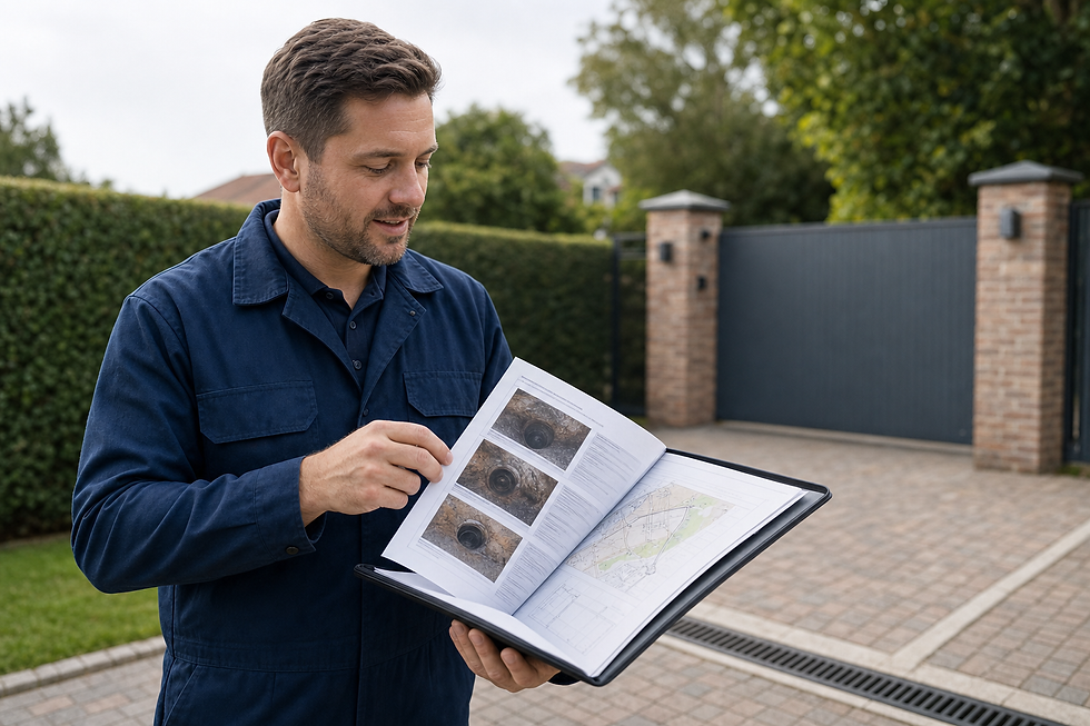 A man in a blue jumpsuit reviews a folder of images and diagrams outside by a gate.