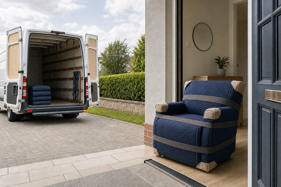 An armchair wrapped for moving sits at a doorway next to an open moving van on a driveway.