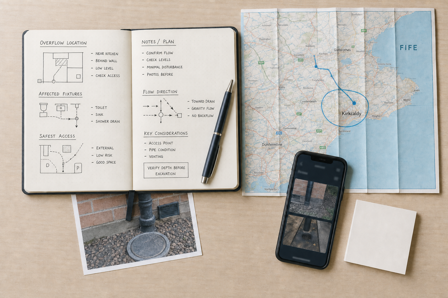 Open notebook with plumbing plans, a map of Kirkcaldy, a smartphone with pipe photos, and a pen on a desk.