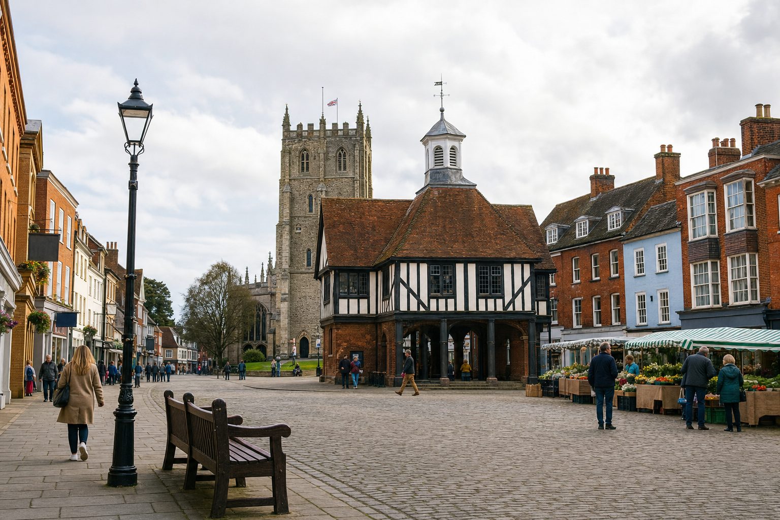 Historic market square with a timber-framed building, church tower, and people browsing market stalls in a quaint British town.