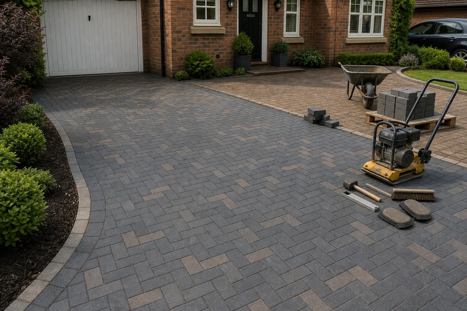 Brick driveway with construction tools, blocks, and a wheelbarrow outside a brick house.