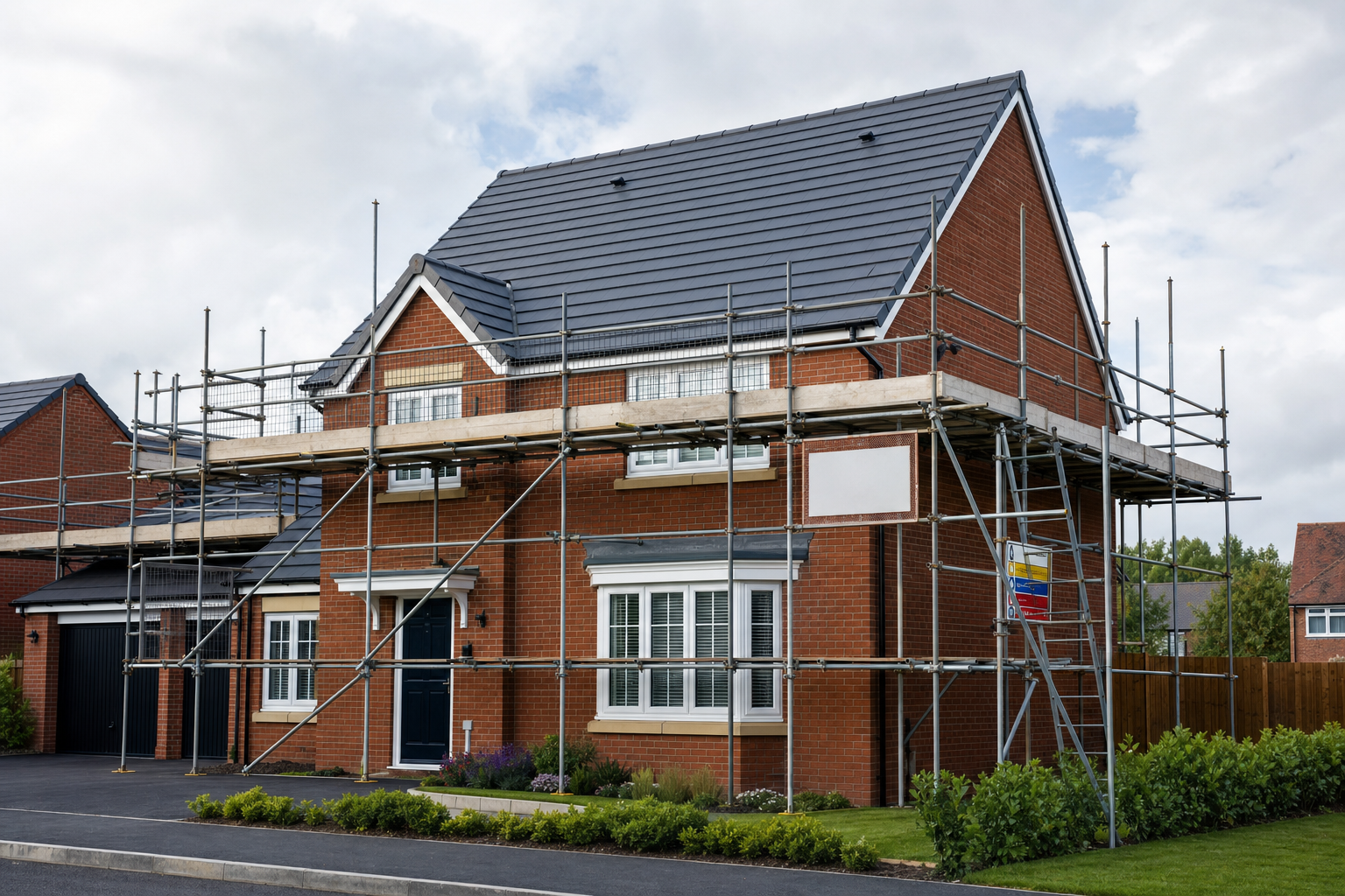 A brick house with scaffolding erected around it, suggesting ongoing construction or renovation work.