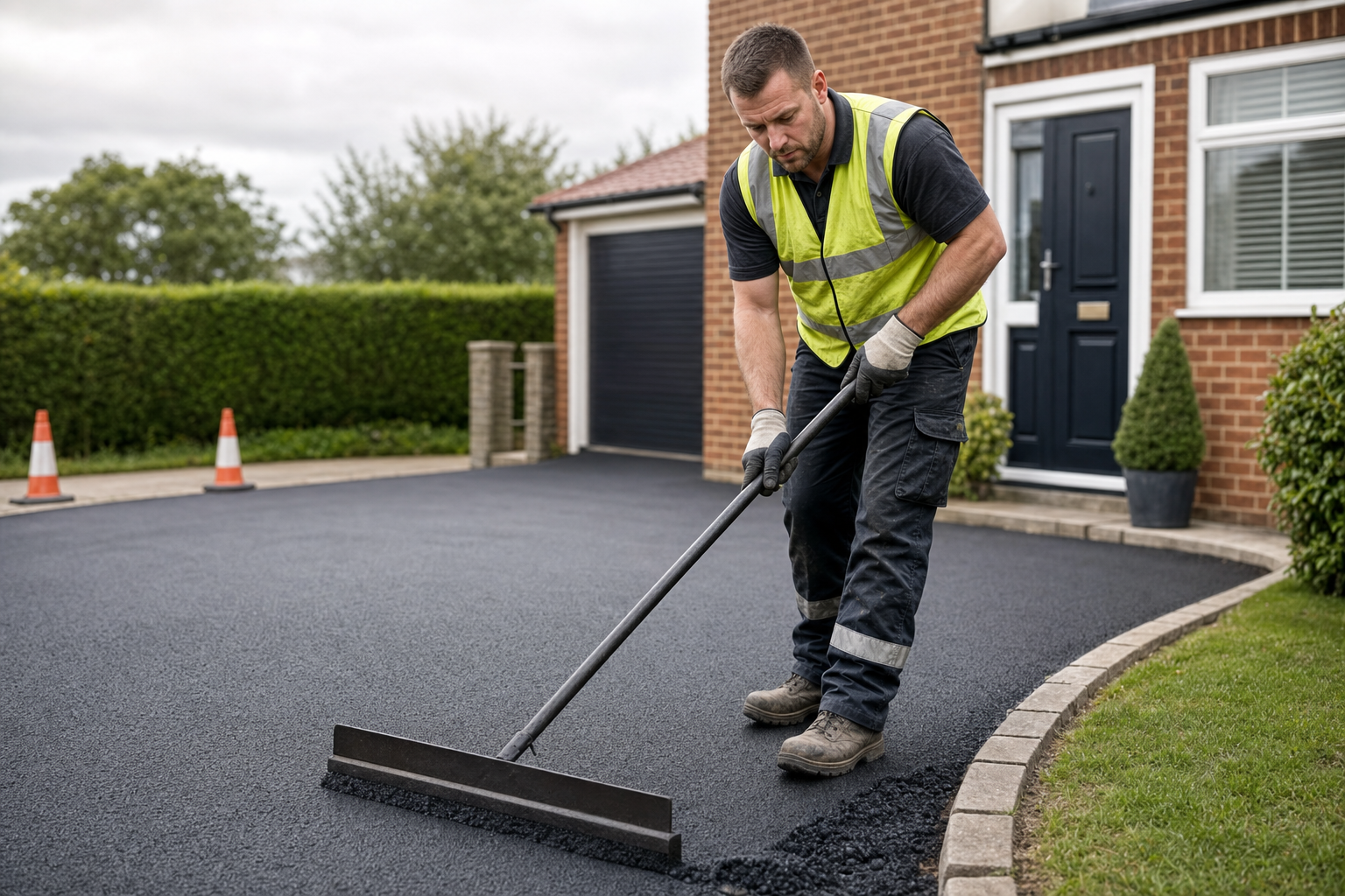 Worker in a high-visibility vest spreading asphalt on a residential driveway.