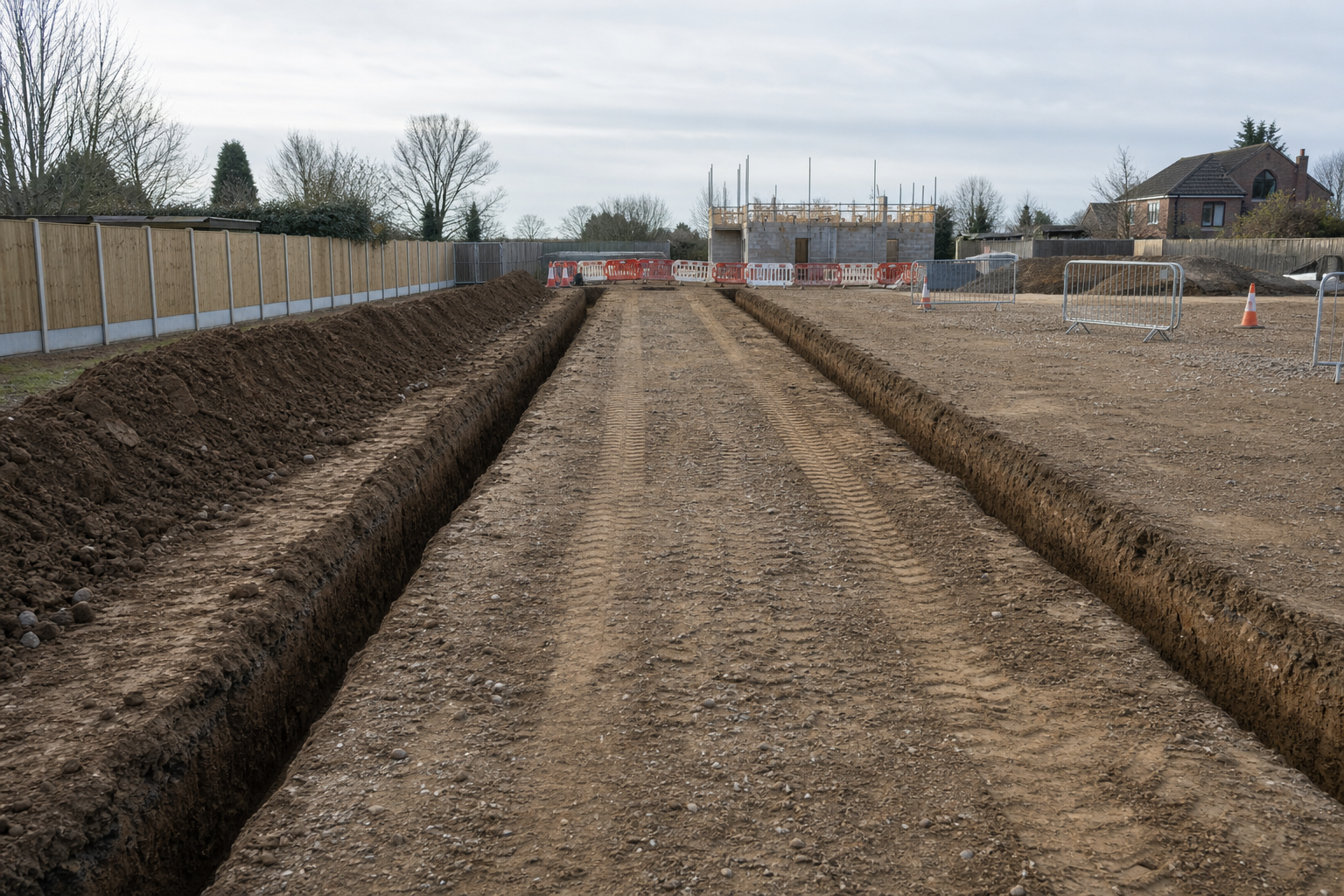 Long trench dug in a construction site, flanked by temporary fencing and leading towards a partially built structure.