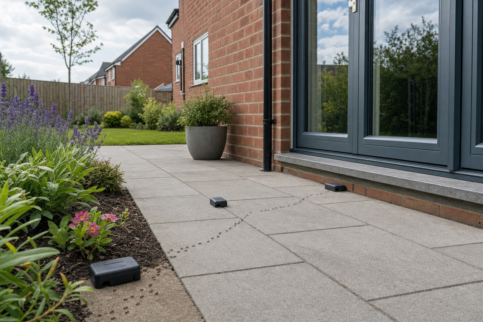 Ants forming a trail across a patio near a brick house with potted plants and a garden.