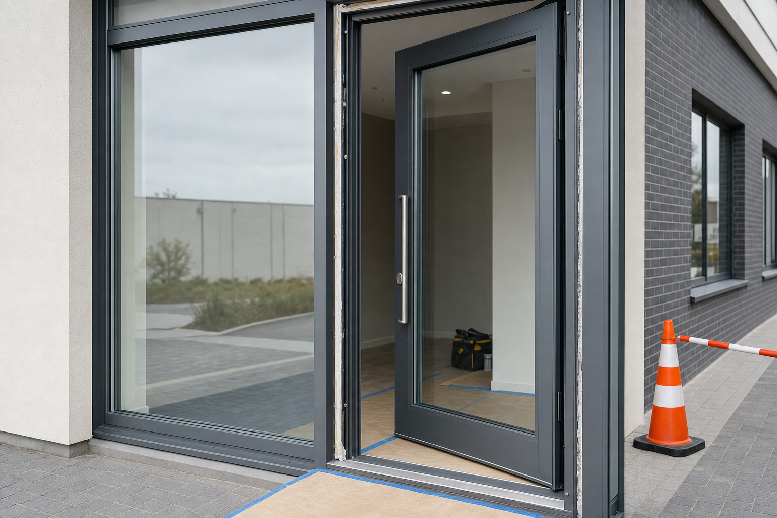 Glass door ajar on a modern building with an orange safety cone nearby.