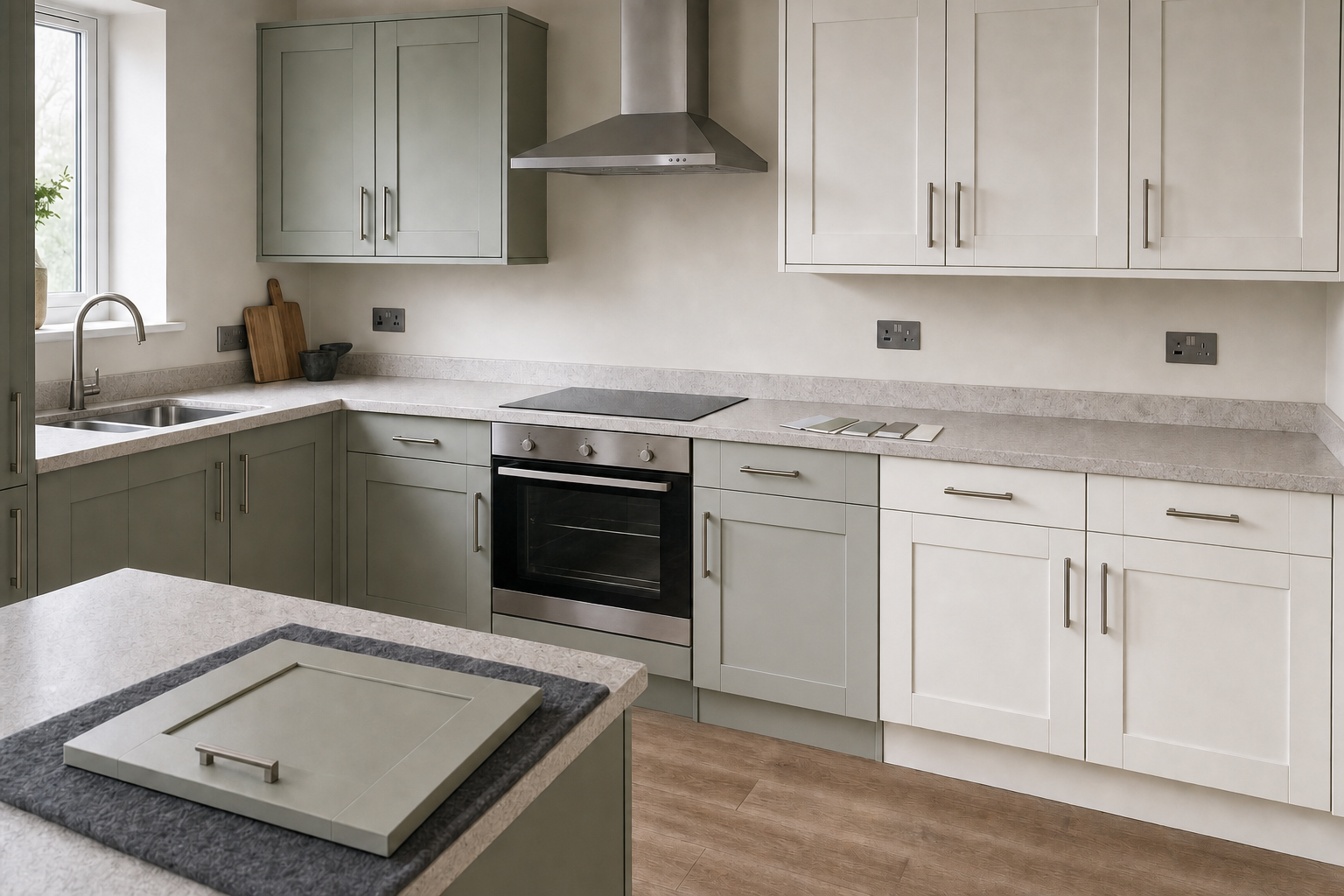 Modern kitchen with sage green and white cabinets, stainless steel appliances, and wooden flooring.