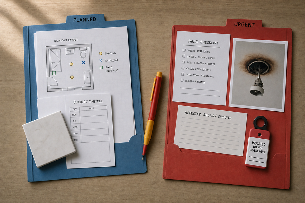 A blue folder marked "Planned" and a red folder marked "Urgent" with documents detailing a bathroom layout and fault