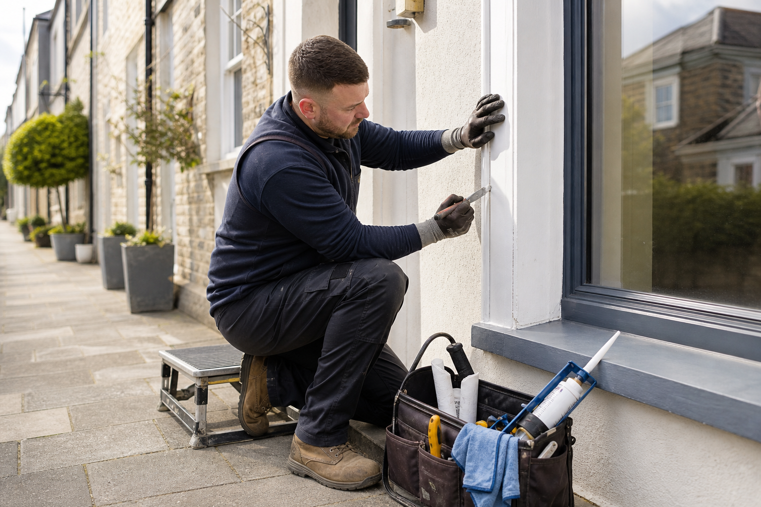 Man kneeling and applying sealant to a window frame on an urban street.