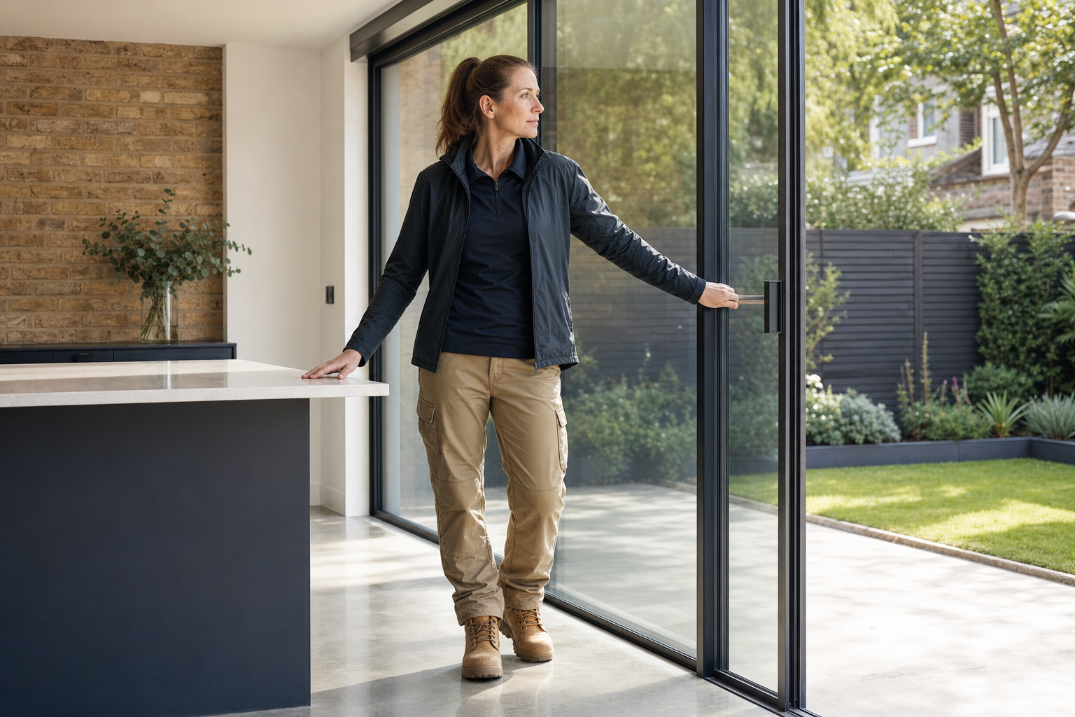 A woman in casual attire stands by a sliding glass door, looking out into a sunny garden.