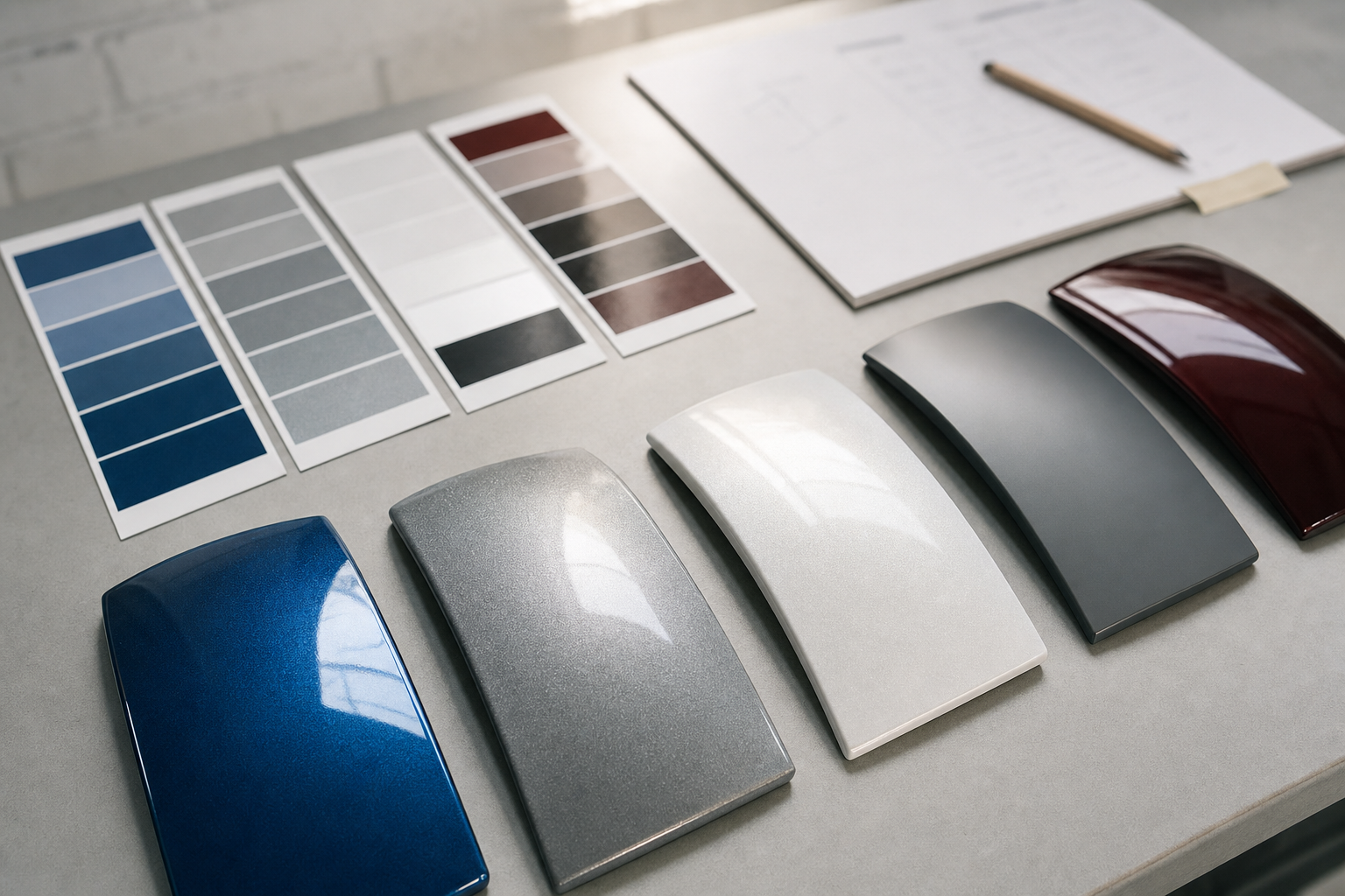 Car paint samples and colour swatches are arranged on a table next to a pencil and design sheet.