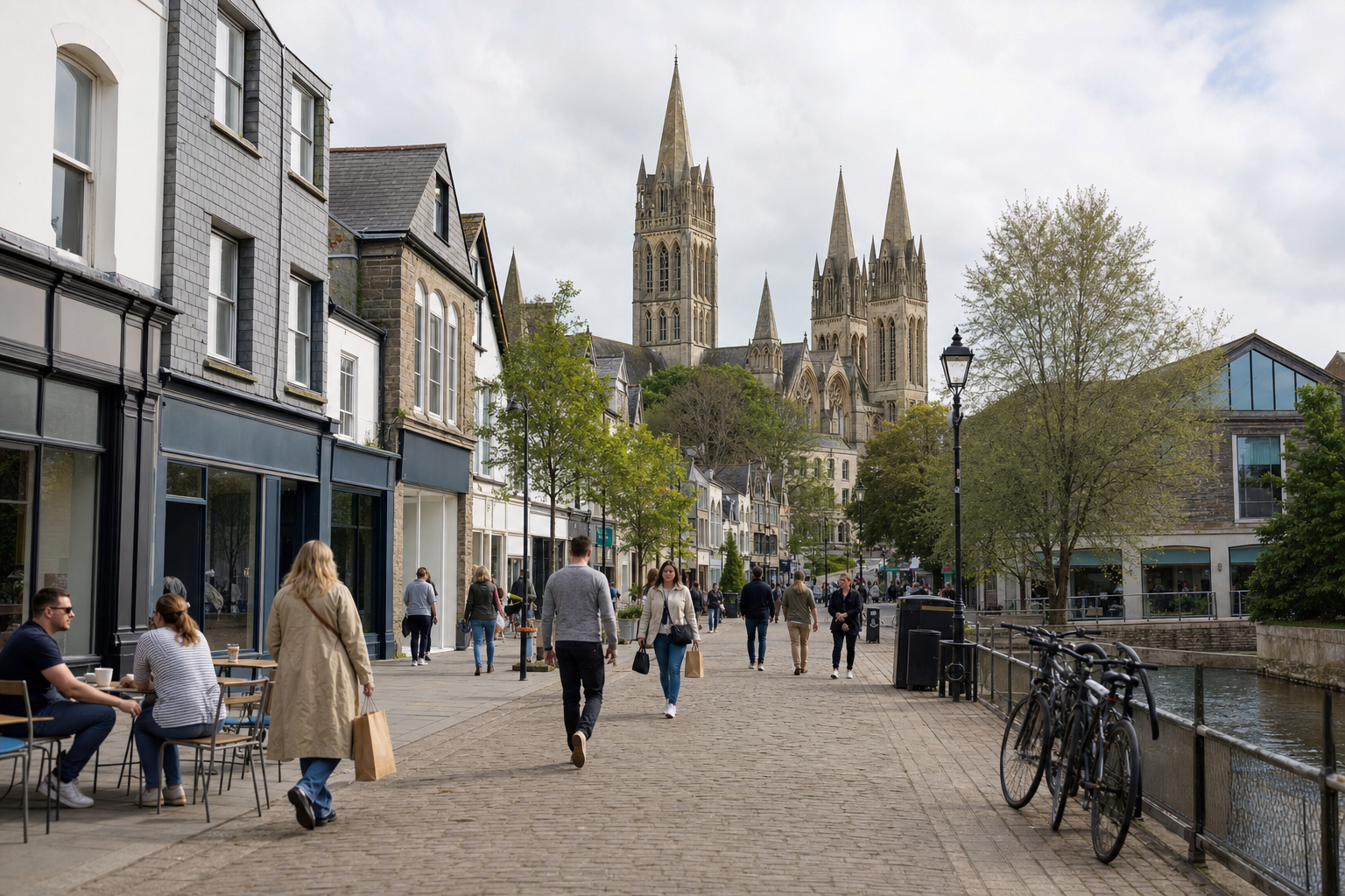 People walking along a cobbled street with cafés, shops, and a cathedral spire in the background.