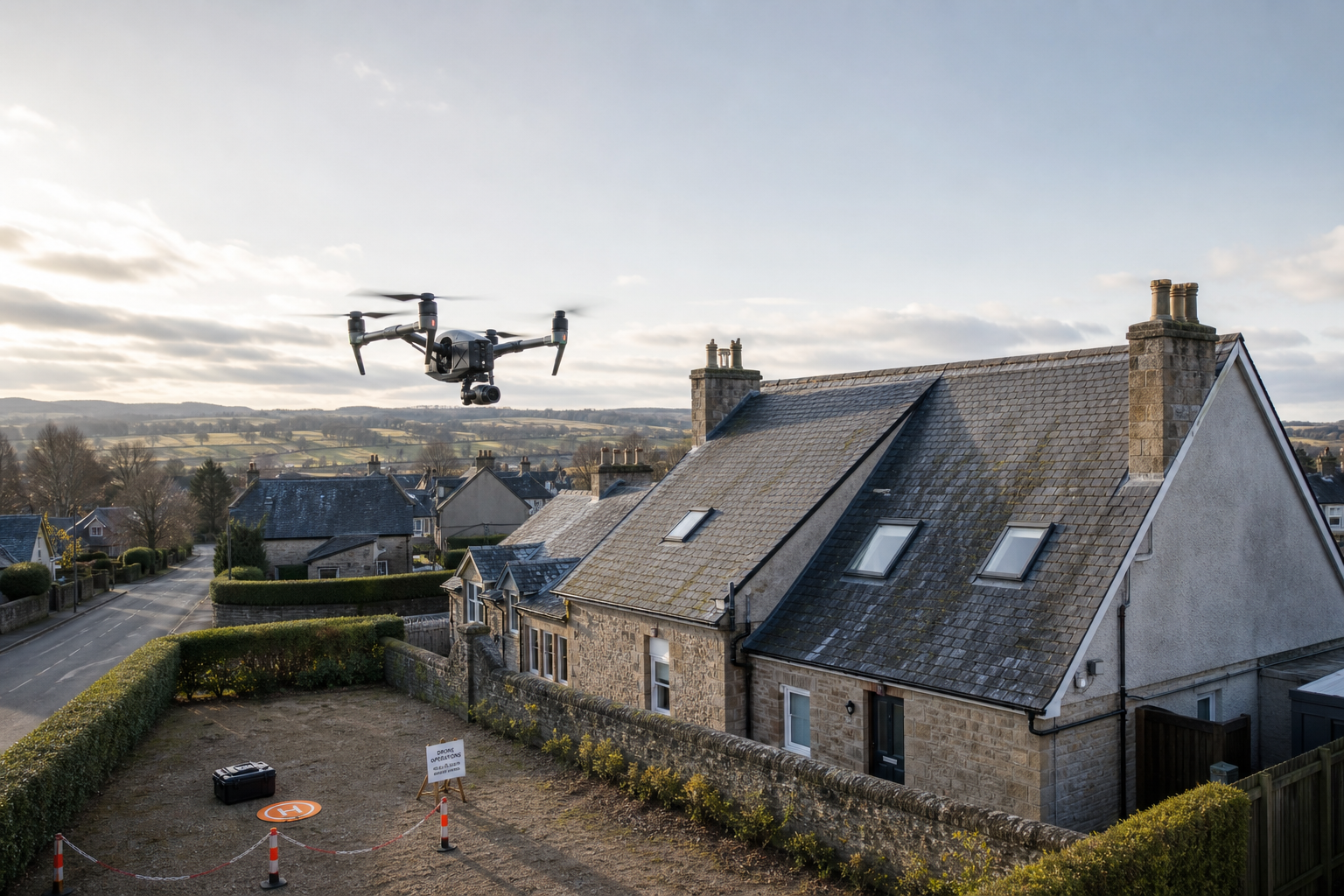 A drone hovers over a stone house in a rural area, with a designated landing zone marked nearby.