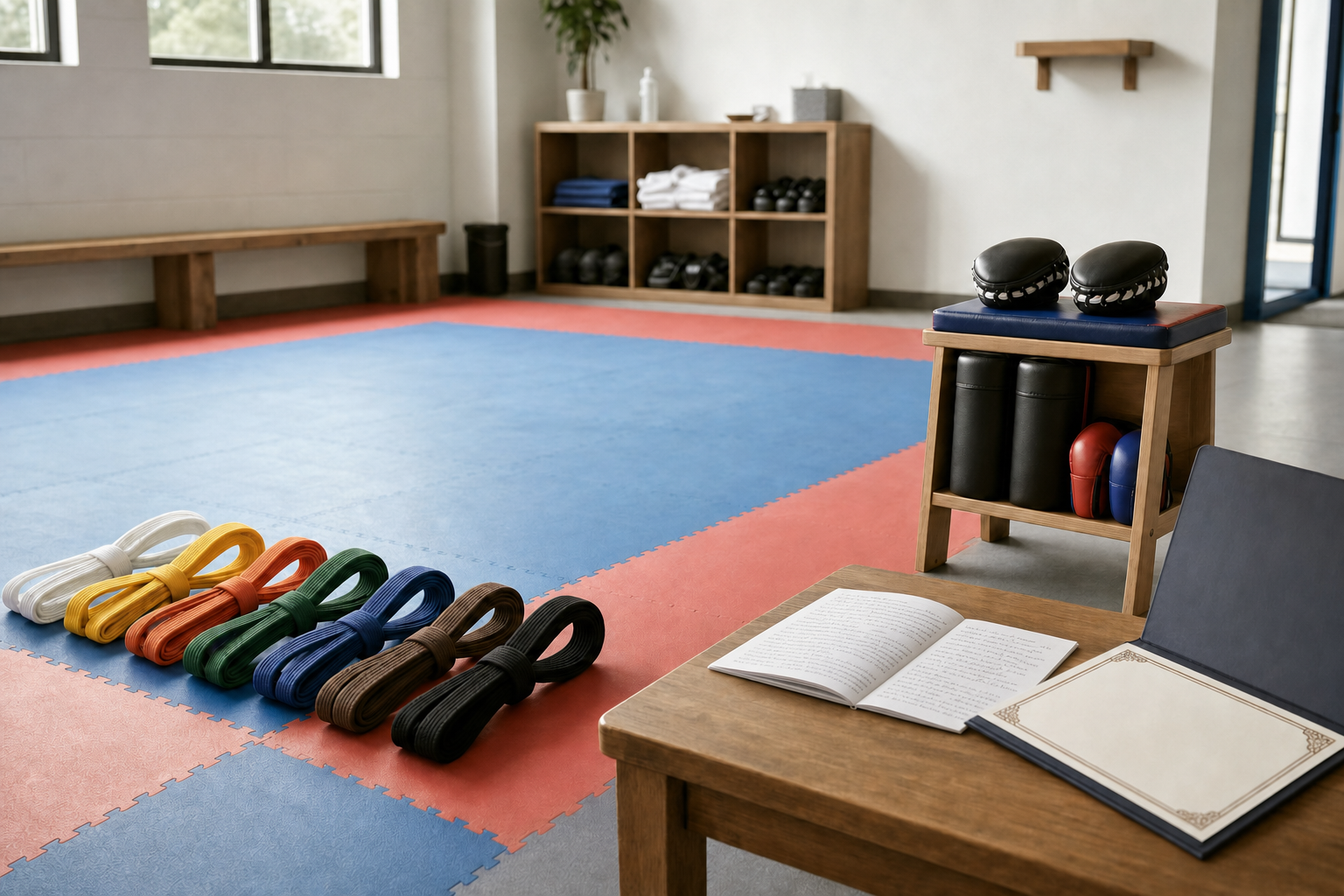 Martial arts dojo interior with coloured belts on the floor and training equipment on shelves.