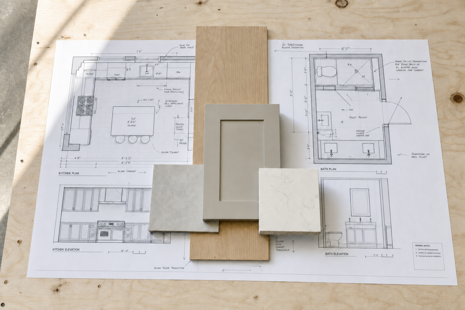 Architectural plans with material samples for a kitchen and bathroom renovation displayed on plywood.