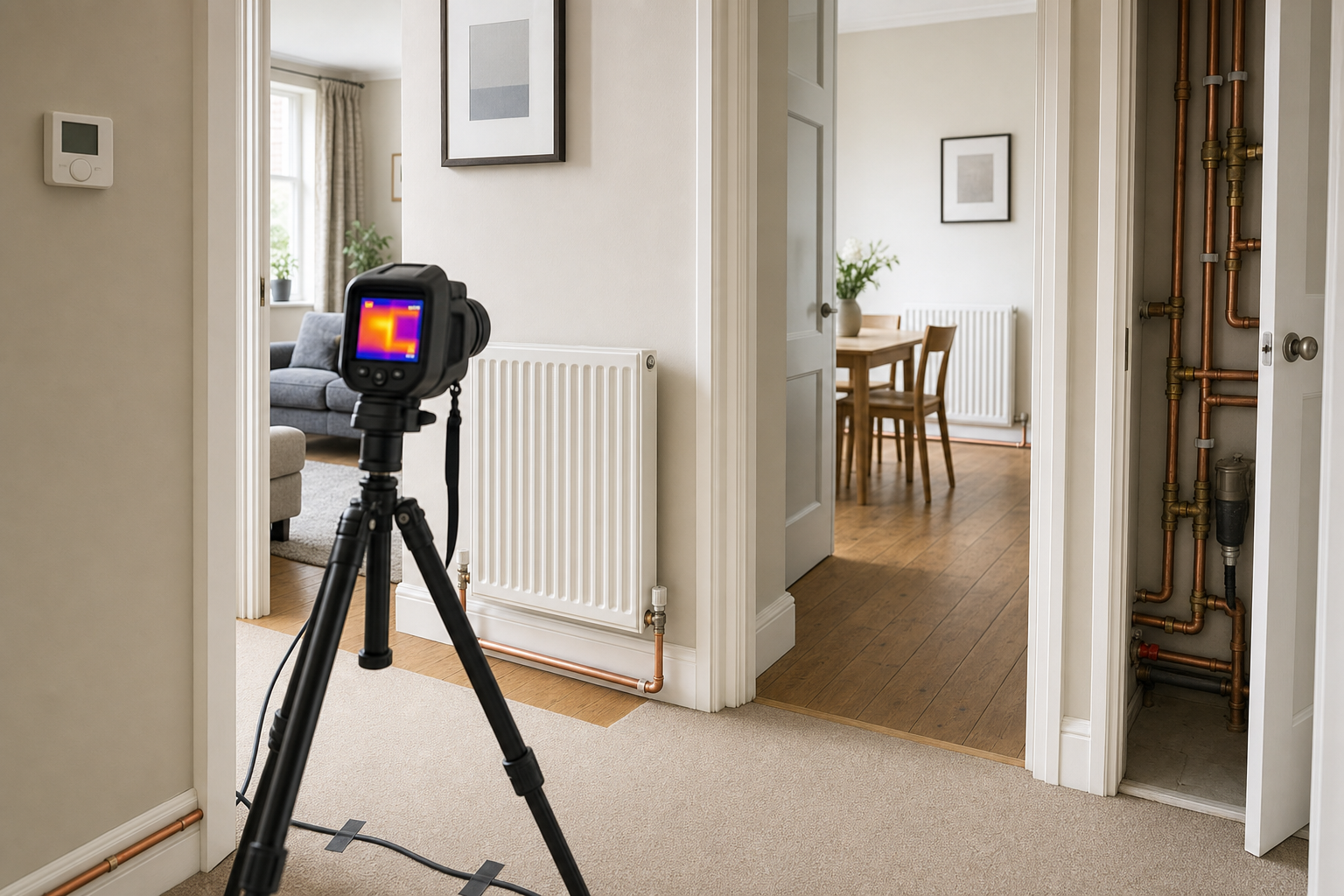 A thermal imaging camera on a tripod is set up in a modern living room to detect heat distribution.