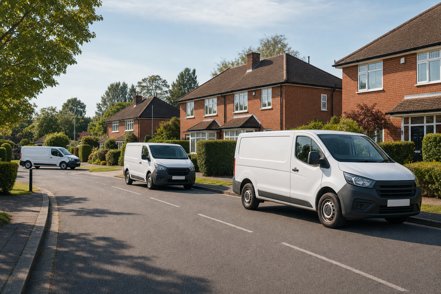 Three white vans parked on a quiet suburban street lined with red-brick houses and greenery.