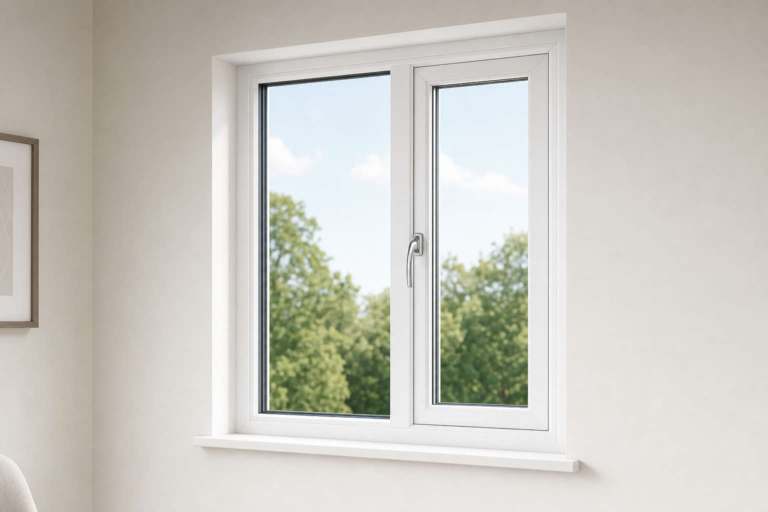 A white-framed window with a view of green trees and a clear blue sky.
