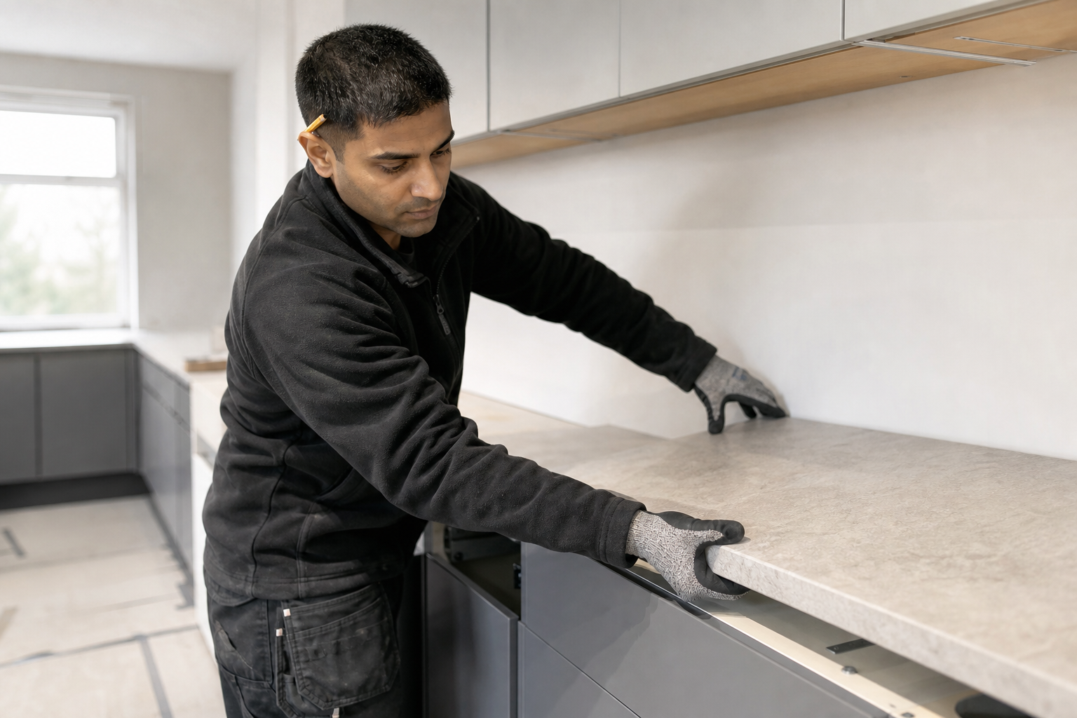 A man in black workwear and gloves carefully installs a kitchen worktop.
