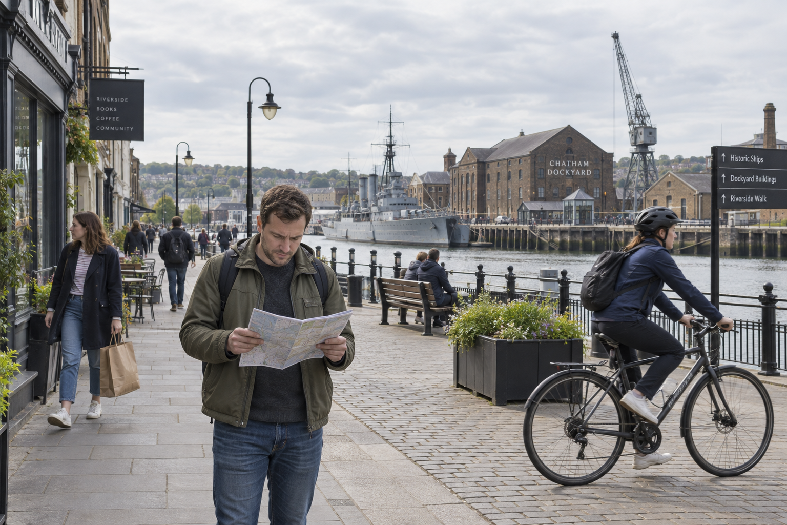 A man reads a map along a riverside path near historic Chatham Dockyard, as people walk and cycle by.