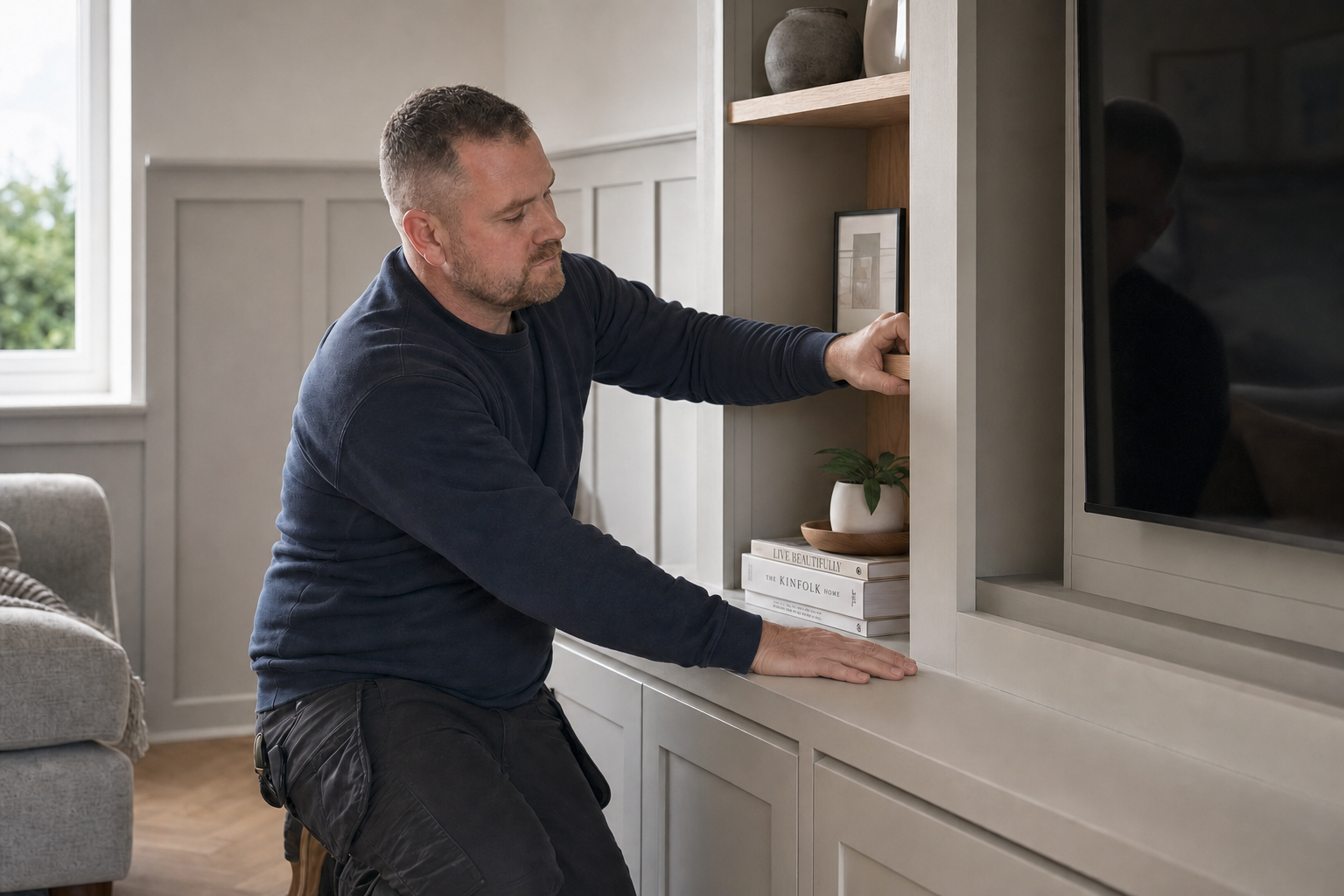 A man adjusts a shelf in a modern living room next to a television.