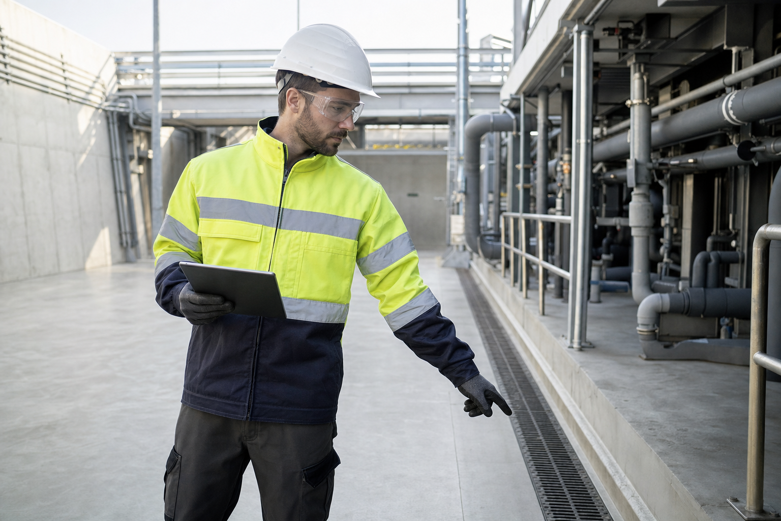 Engineer in high-visibility jacket and hard hat inspects an industrial site using a tablet.