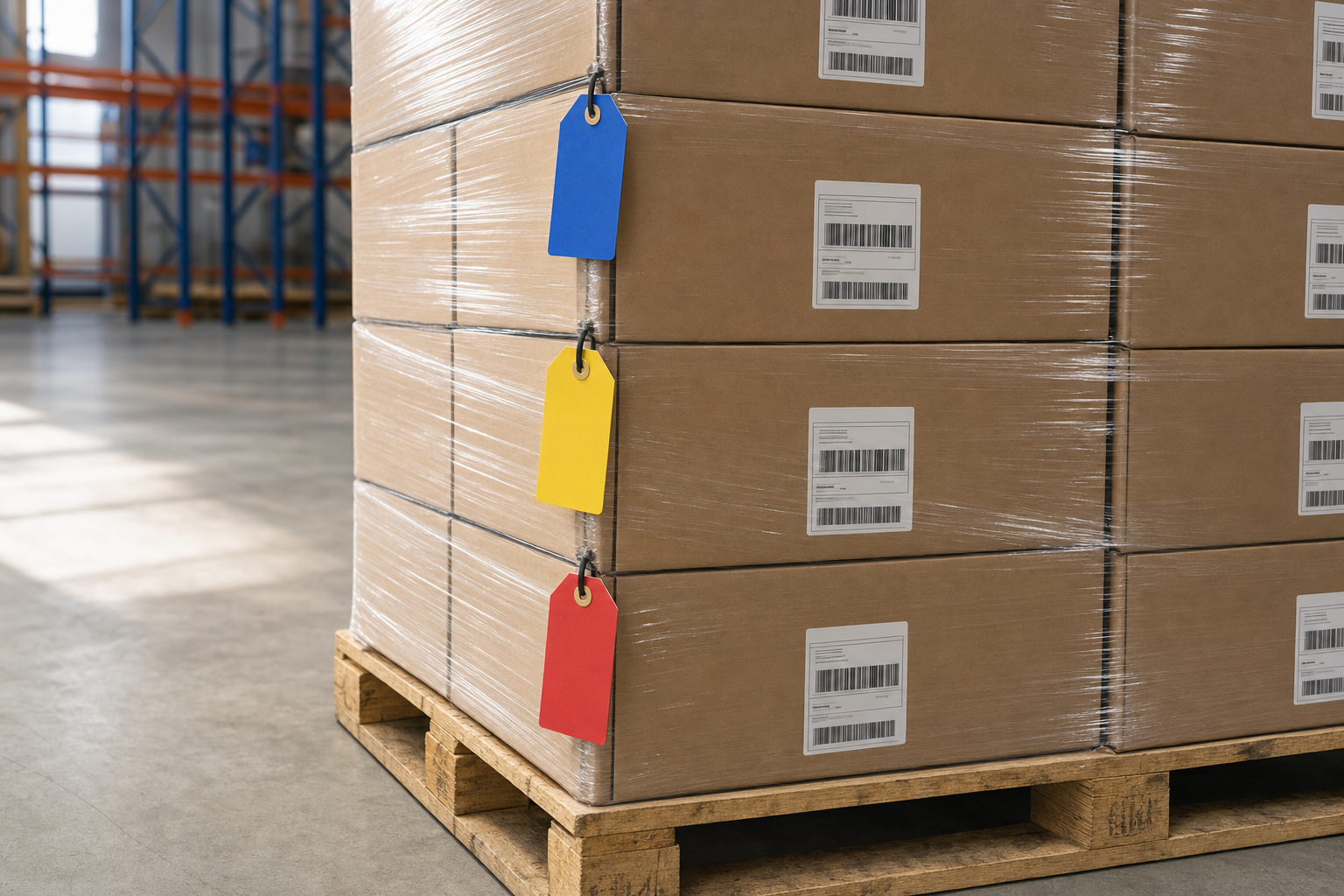 Stacked cardboard boxes with barcode labels and colourful tags on a wooden pallet in a warehouse.