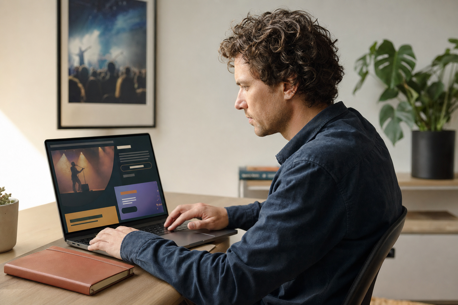 A man working on a laptop at a desk, with a concert photograph in the background and a plant nearby.
