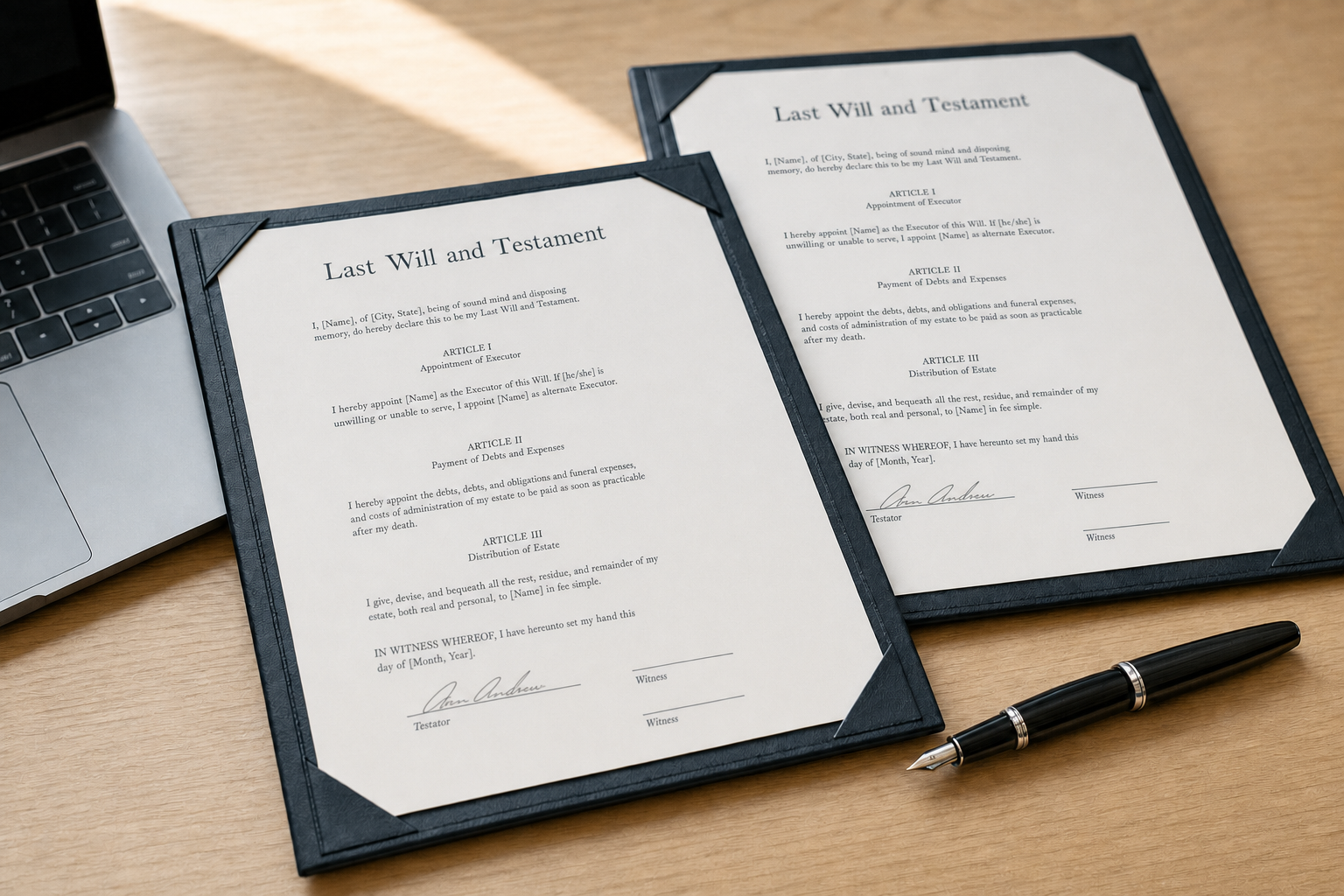 Two completed Last Will and Testament documents on a desk with a fountain pen beside them.