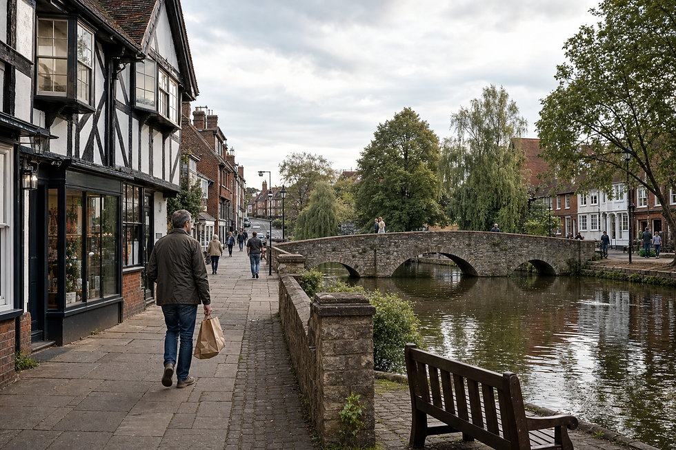 A man carrying a shopping bag walks along a quaint street beside a canal with a stone bridge in the distance.