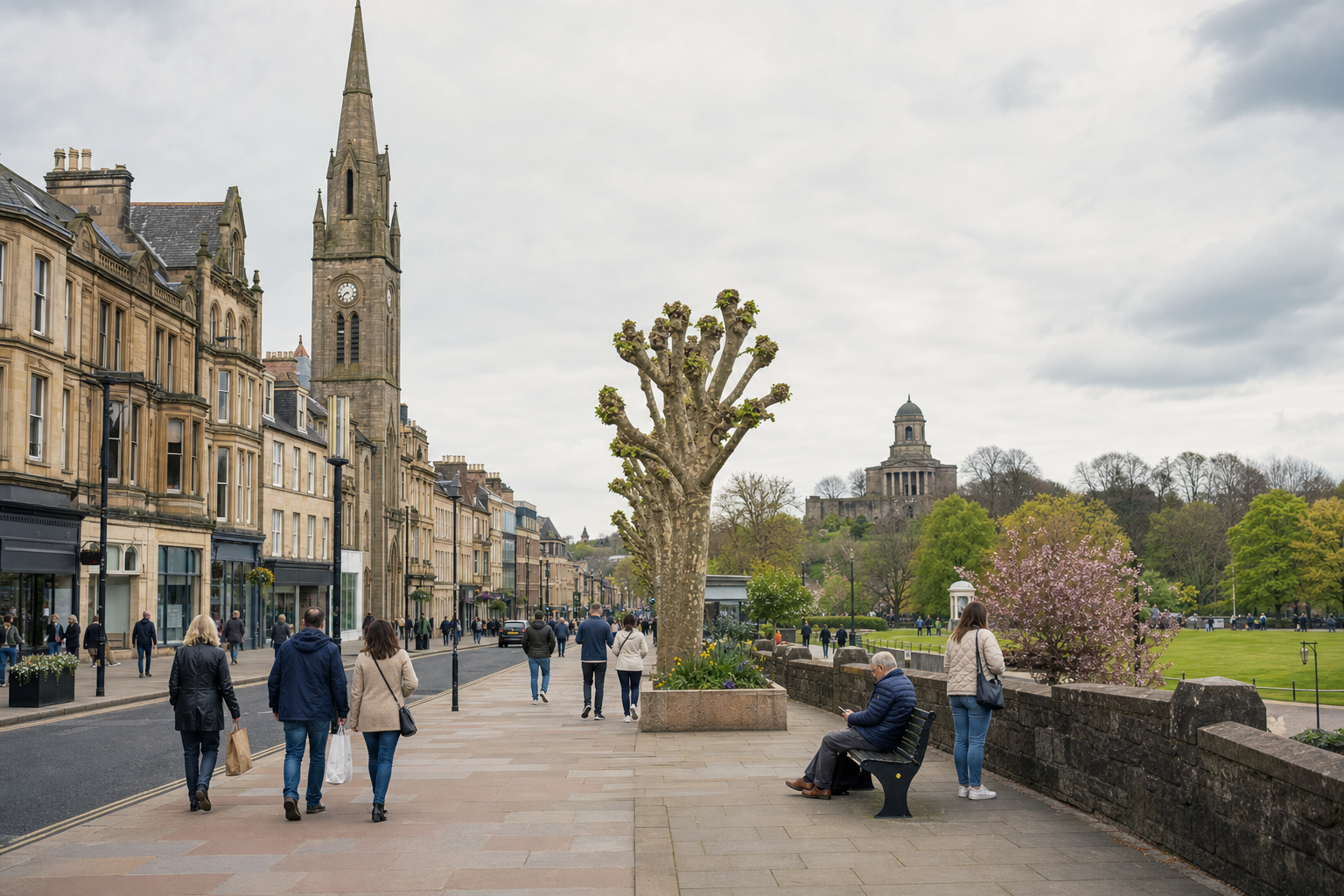 People stroll along a city street lined with historic buildings and a clock tower, with a park on the right.