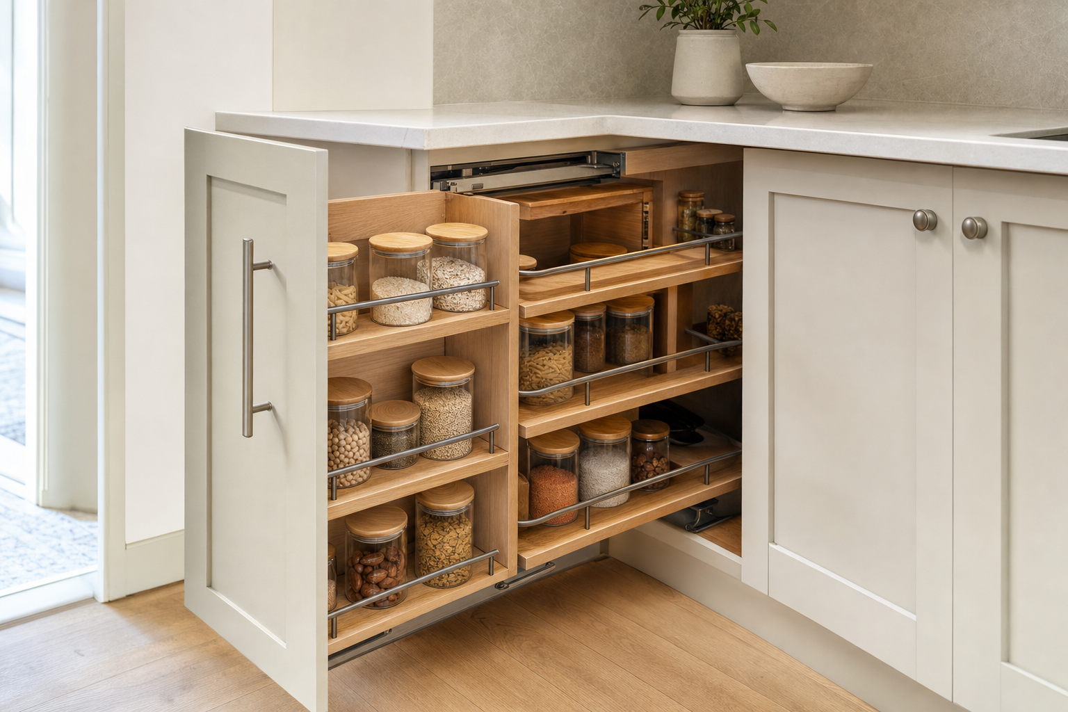 Corner kitchen cabinet with pull-out shelves, displaying neatly organised jars of grains and spices.