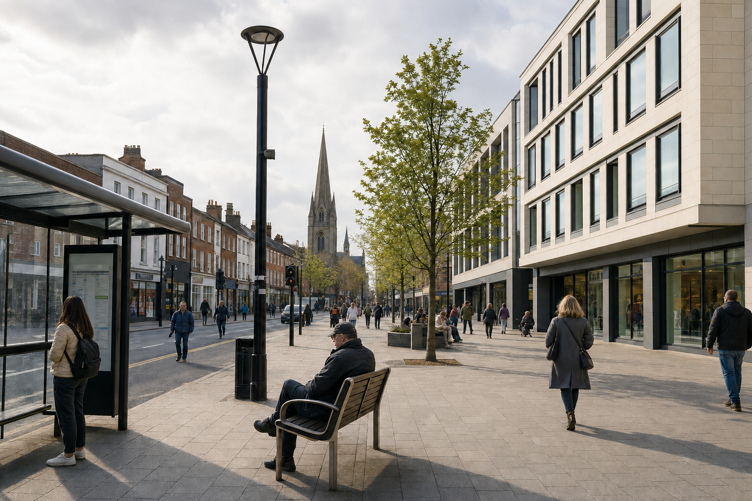 A bustling pedestrian street with people walking by modern buildings and a historic church in the background.
