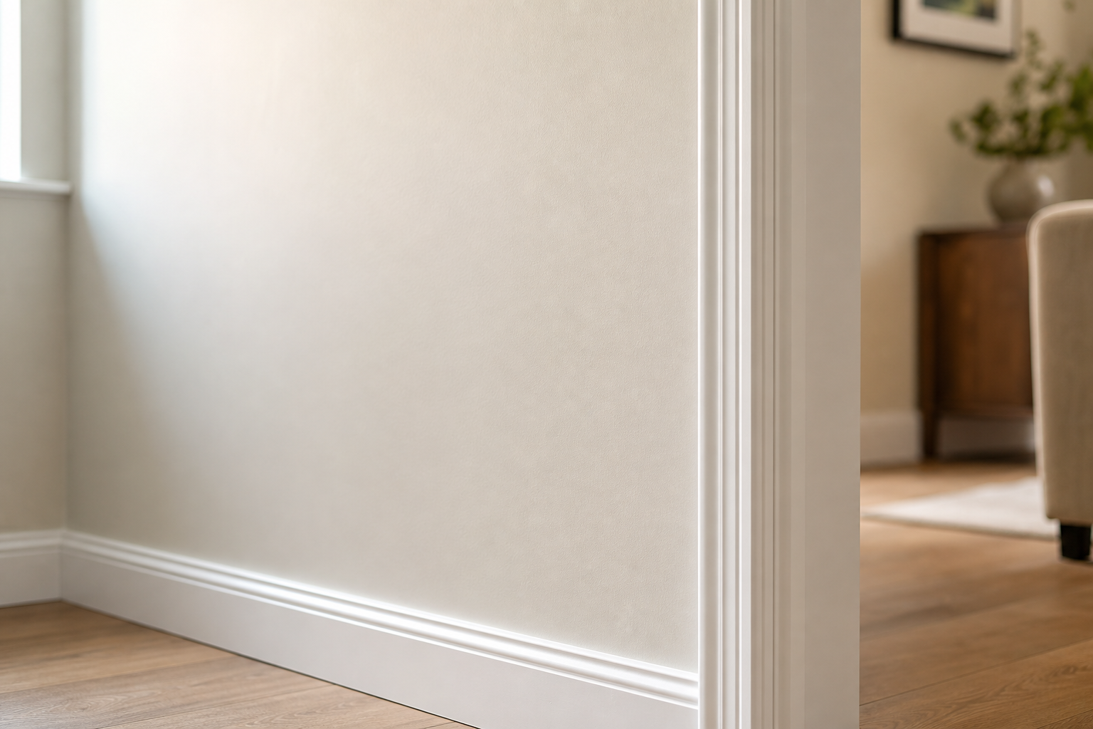 A minimalist corner of a room with cream walls and white skirting board, leading to a softly lit living area.