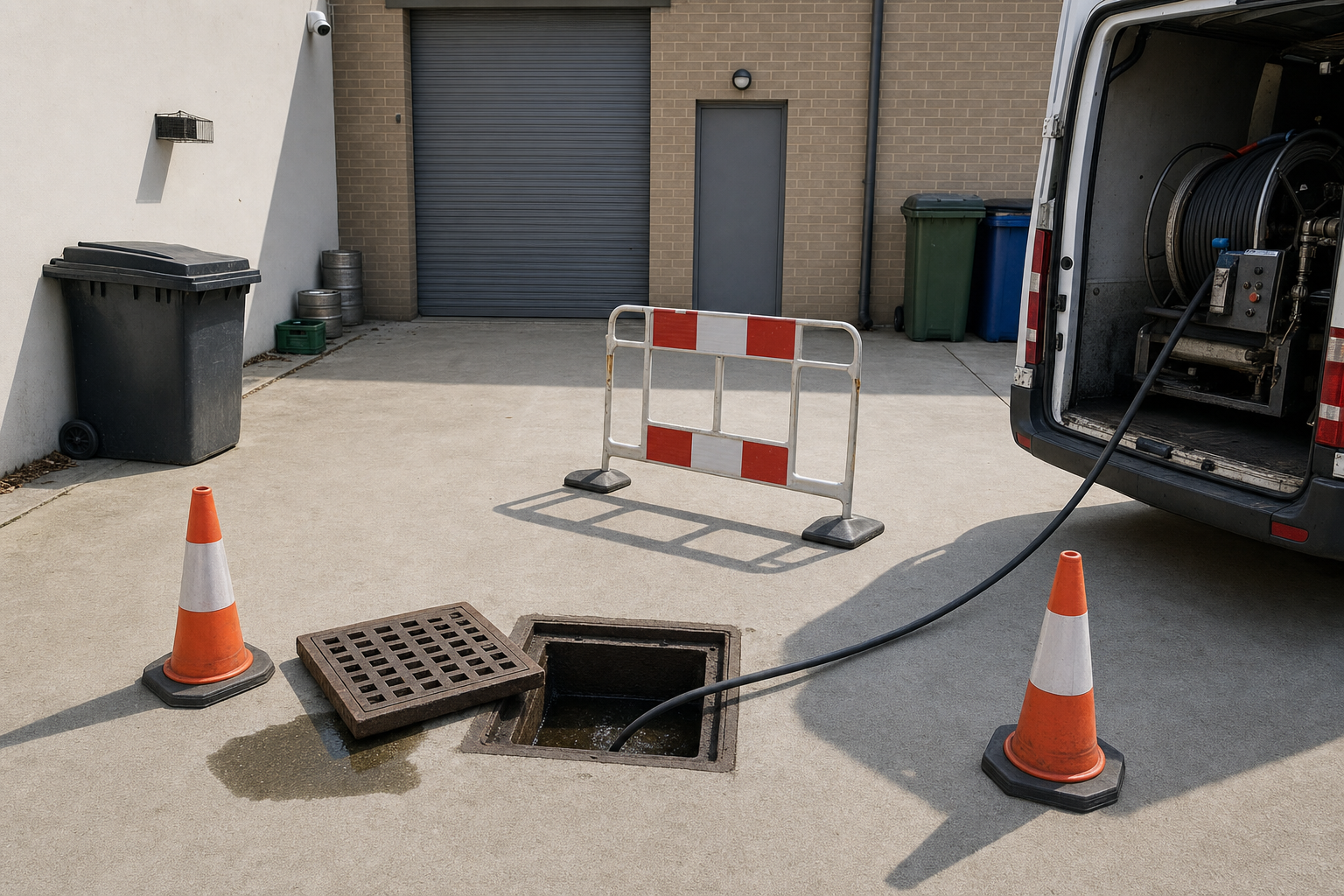 Industrial van with hose connected to an open drain, surrounded by traffic cones and barriers in an alleyway.